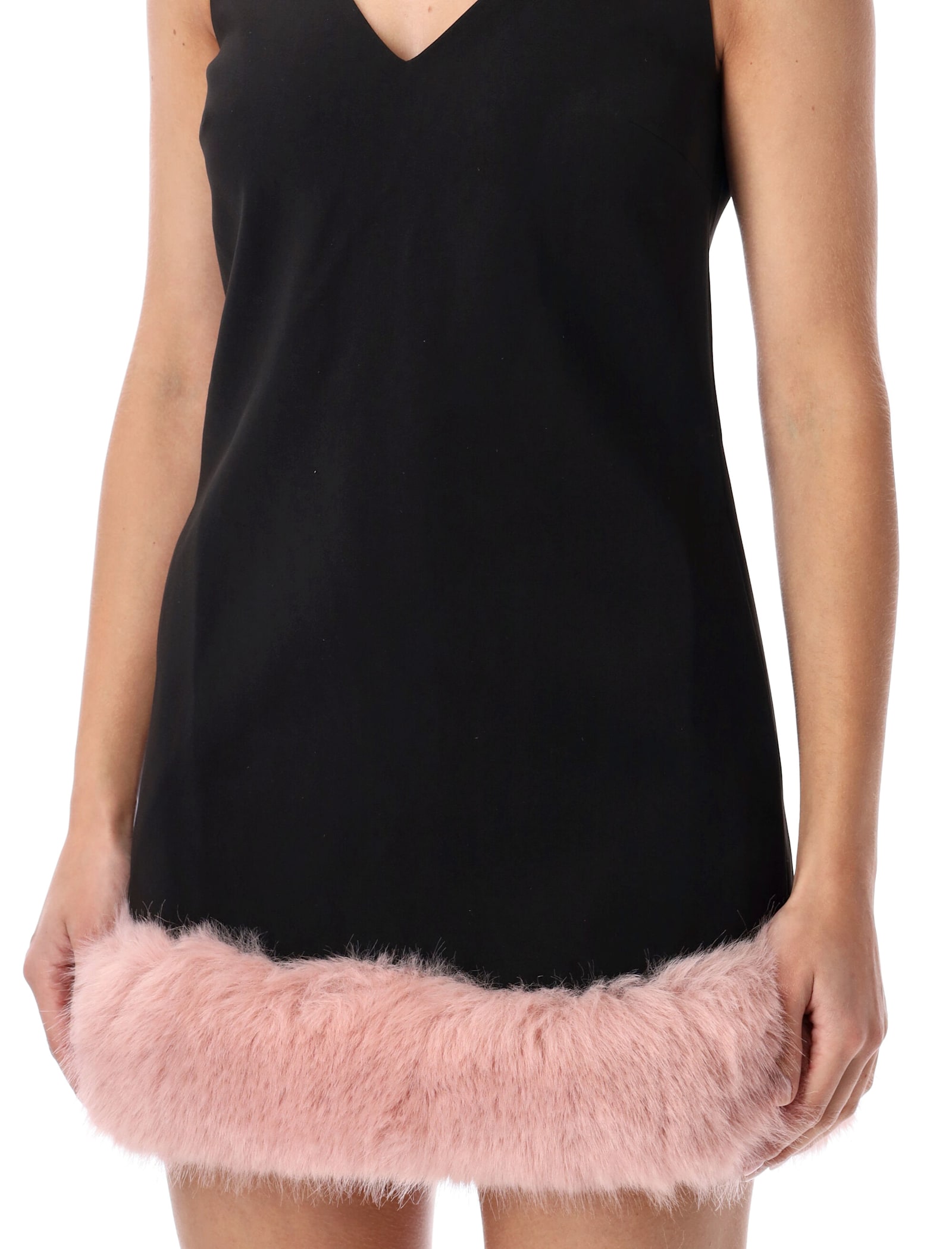 Self-portrait Back Crepe Mini Dress With Pink Faux Fur Hem In Pink