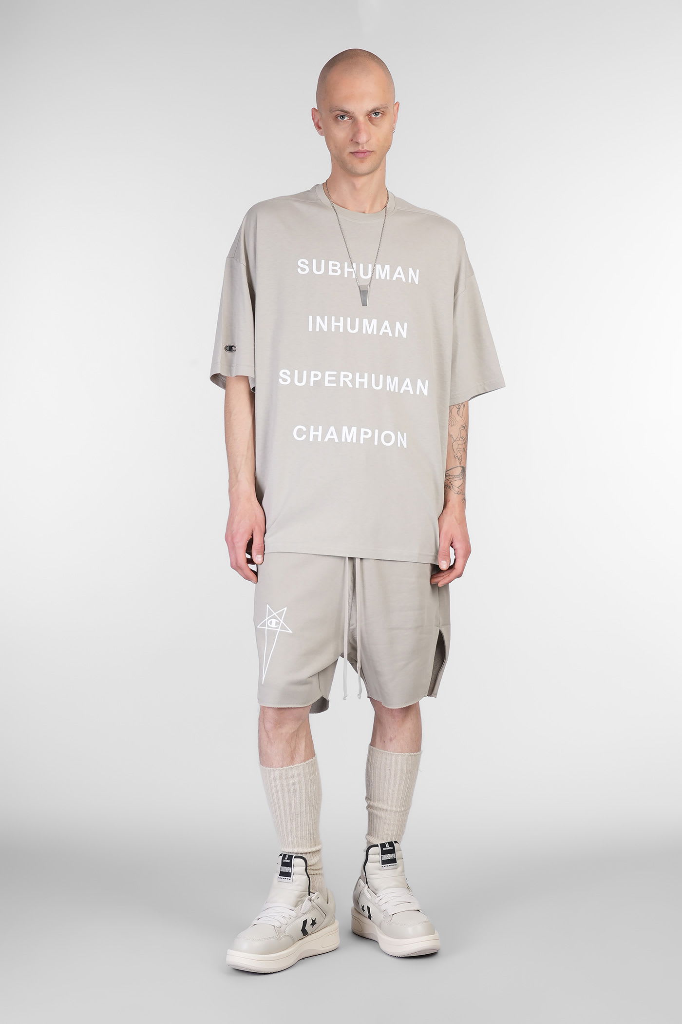 Rick Owens X Champion Text Printed Crewneck T-shirt In Neutral