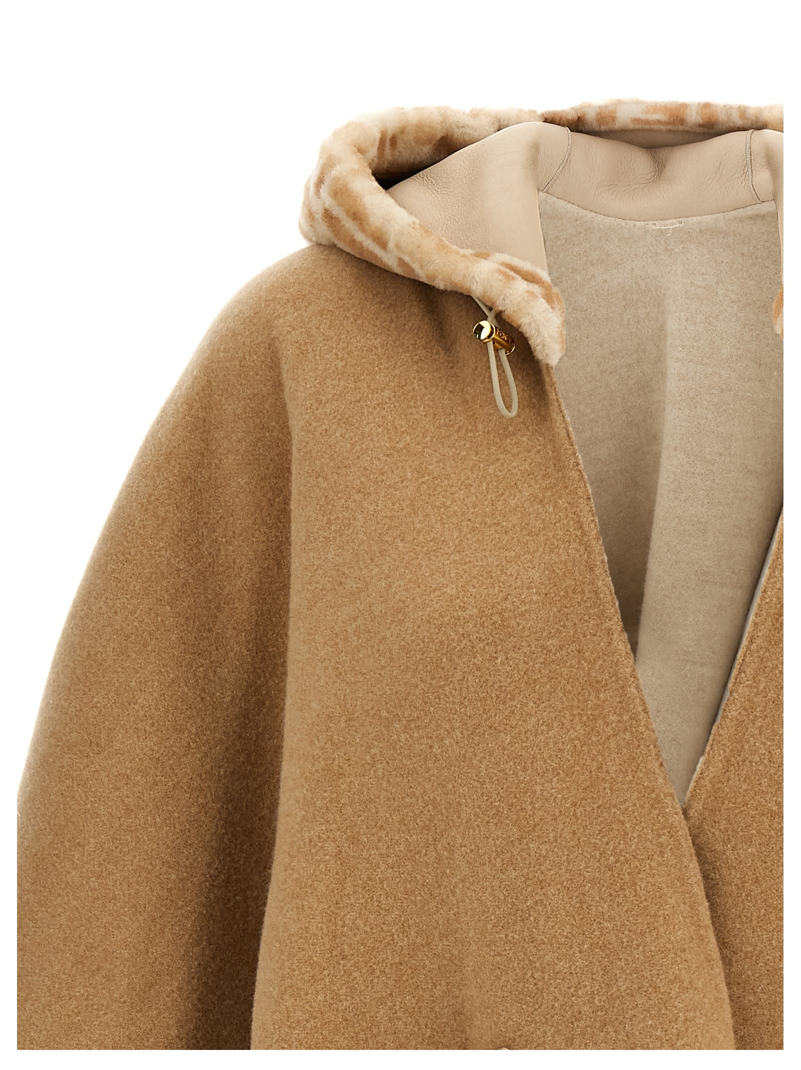 Fendi Rome Reversible Hooded Poncho With Contrast Trim In Beige