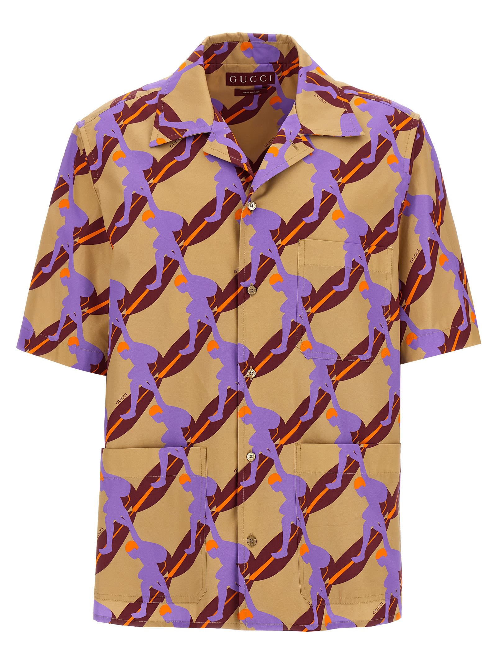 Gucci Multicolor Bowling Shirt With Cuban Collar And All-over Print In Cotton Man In Blue