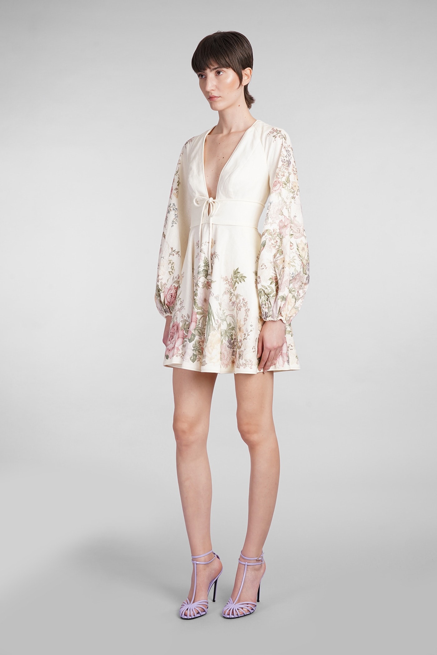 Shop Zimmermann Dress In Beige Linen In Cream Floral