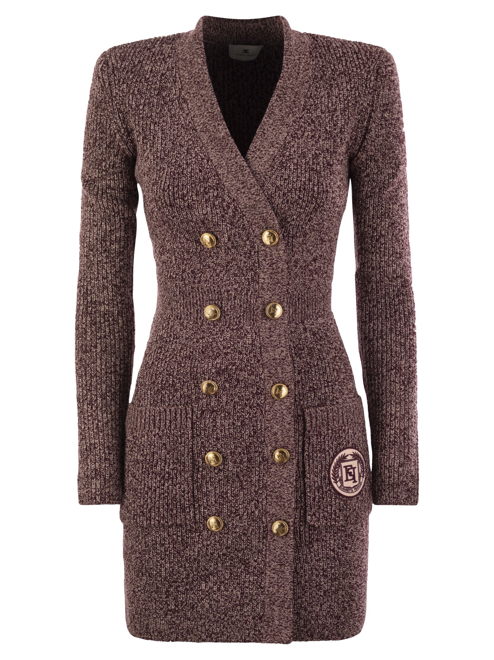 Shop Elisabetta Franchi Double-breasted Robe Manteau With Logo Patch In Bordeaux