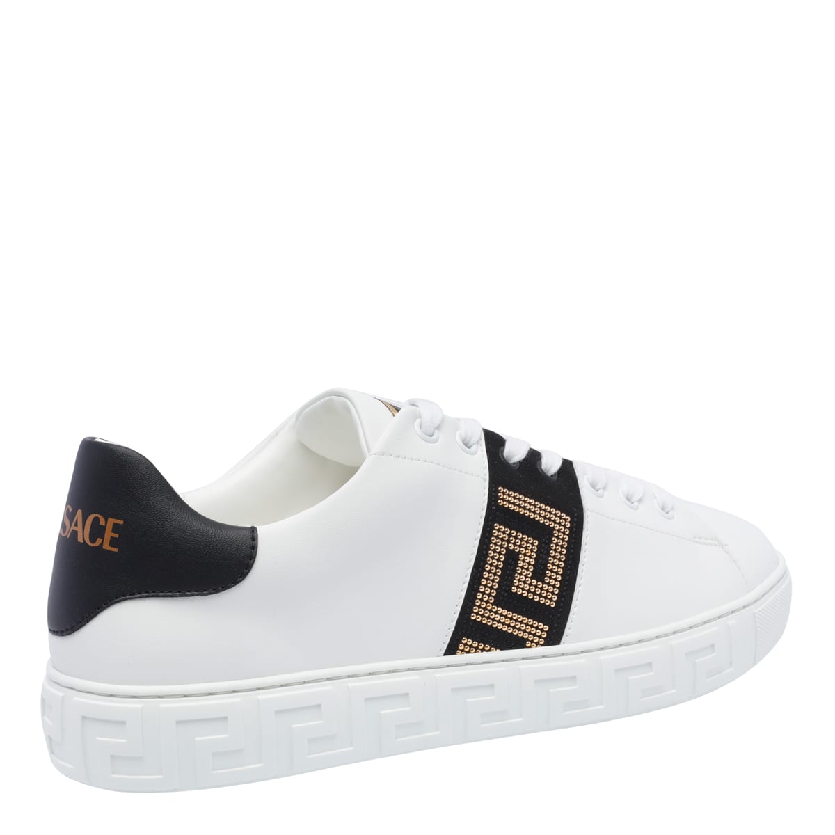 Shop Versace Studded Greca Sneakers In White