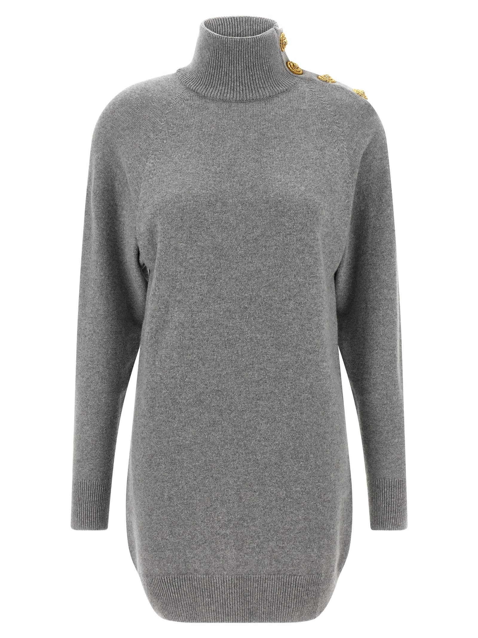 Balmain Cashmere Wool Turtleneck Dress Gold Button Detail In Gray