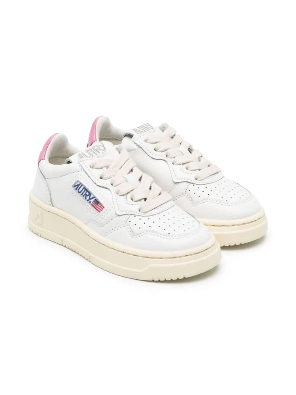 AUTRY WHITE AND PINK MEDALIST LOW SNEAKERS