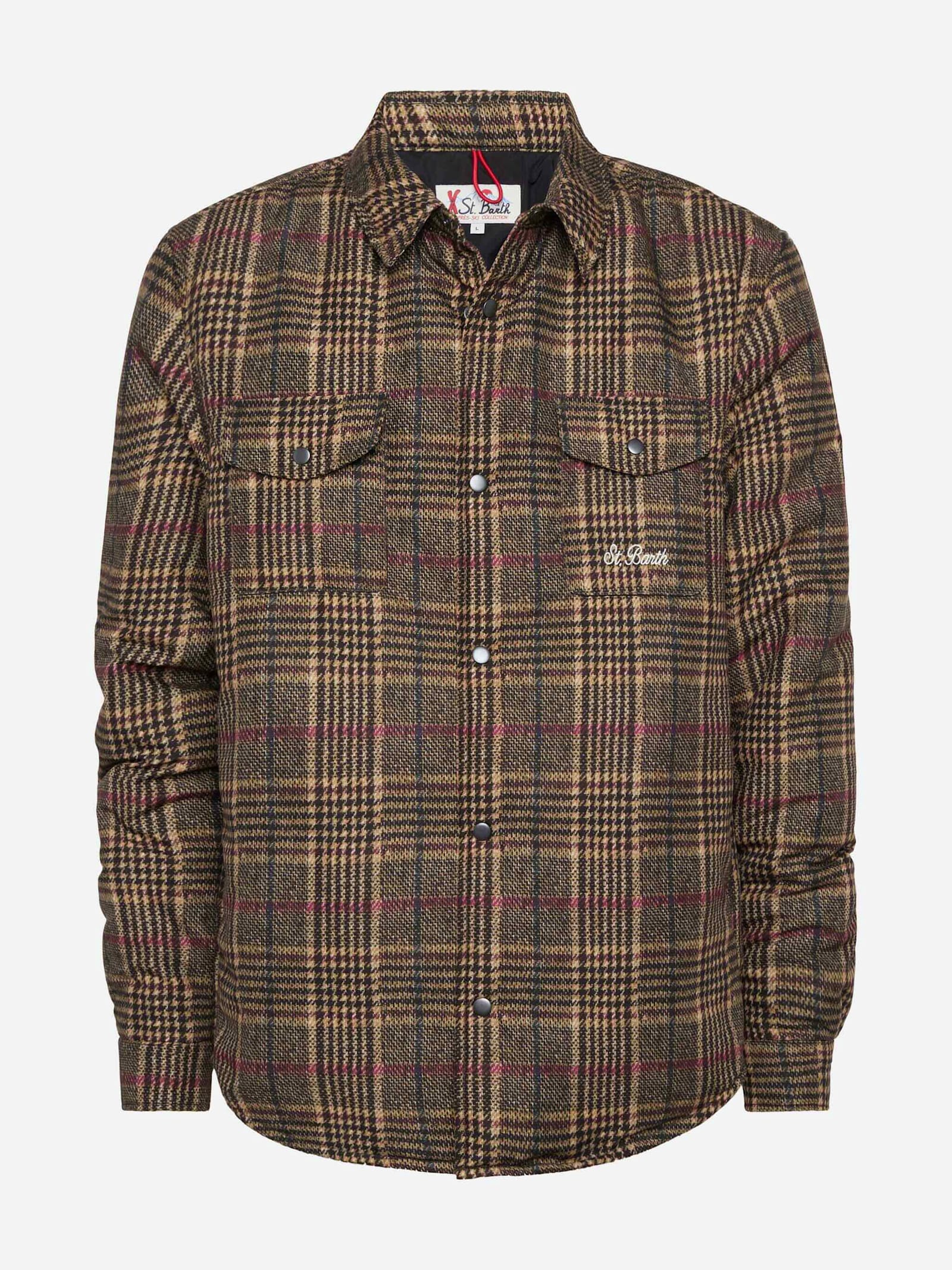 Mc2 Saint Barth Technic Fabric Overshirt Chalet With Prince Of Wales Print In Brown