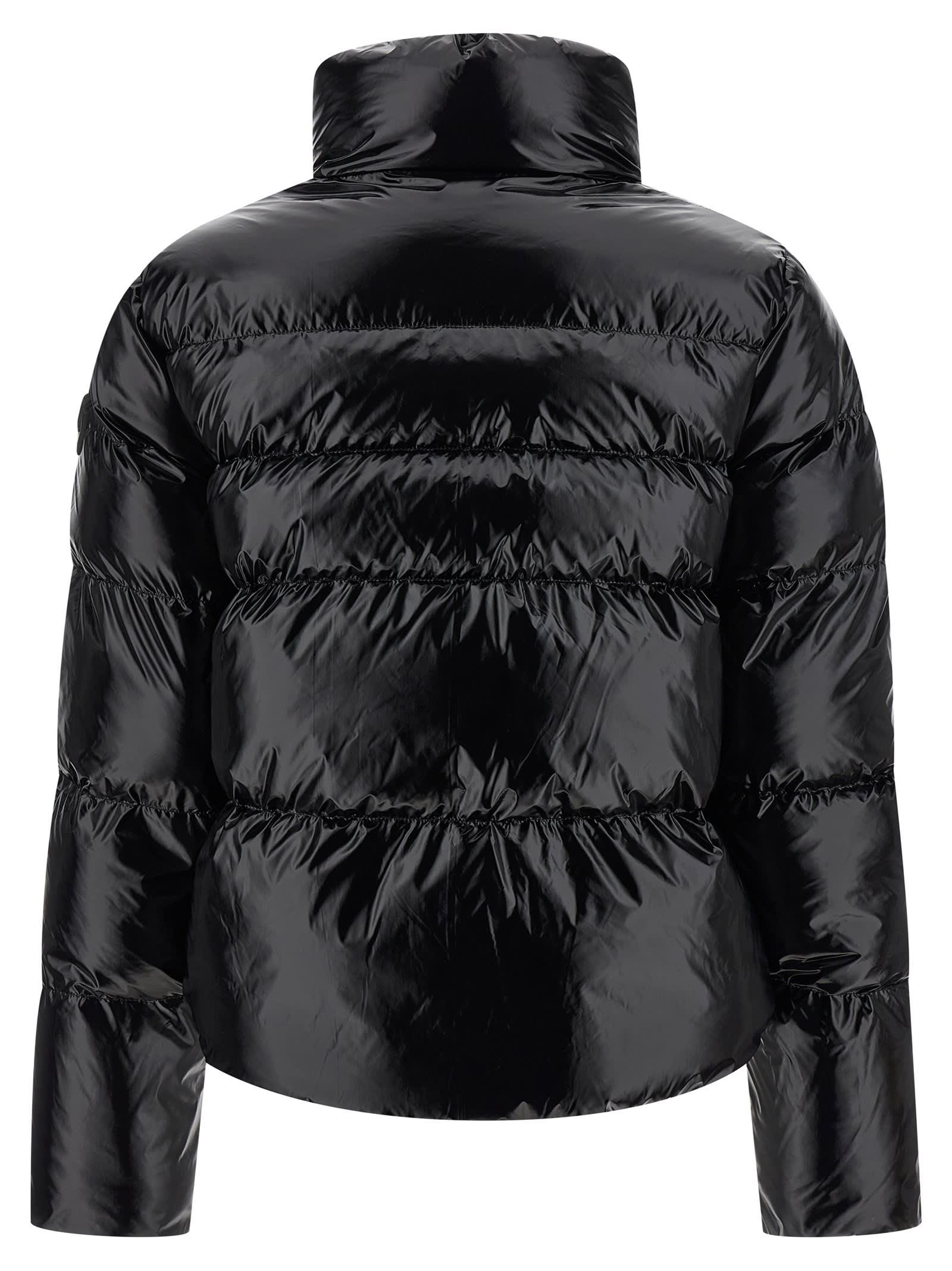 Pinko Cropped Black Down Coat With Glossy Finish And High Collar In Black