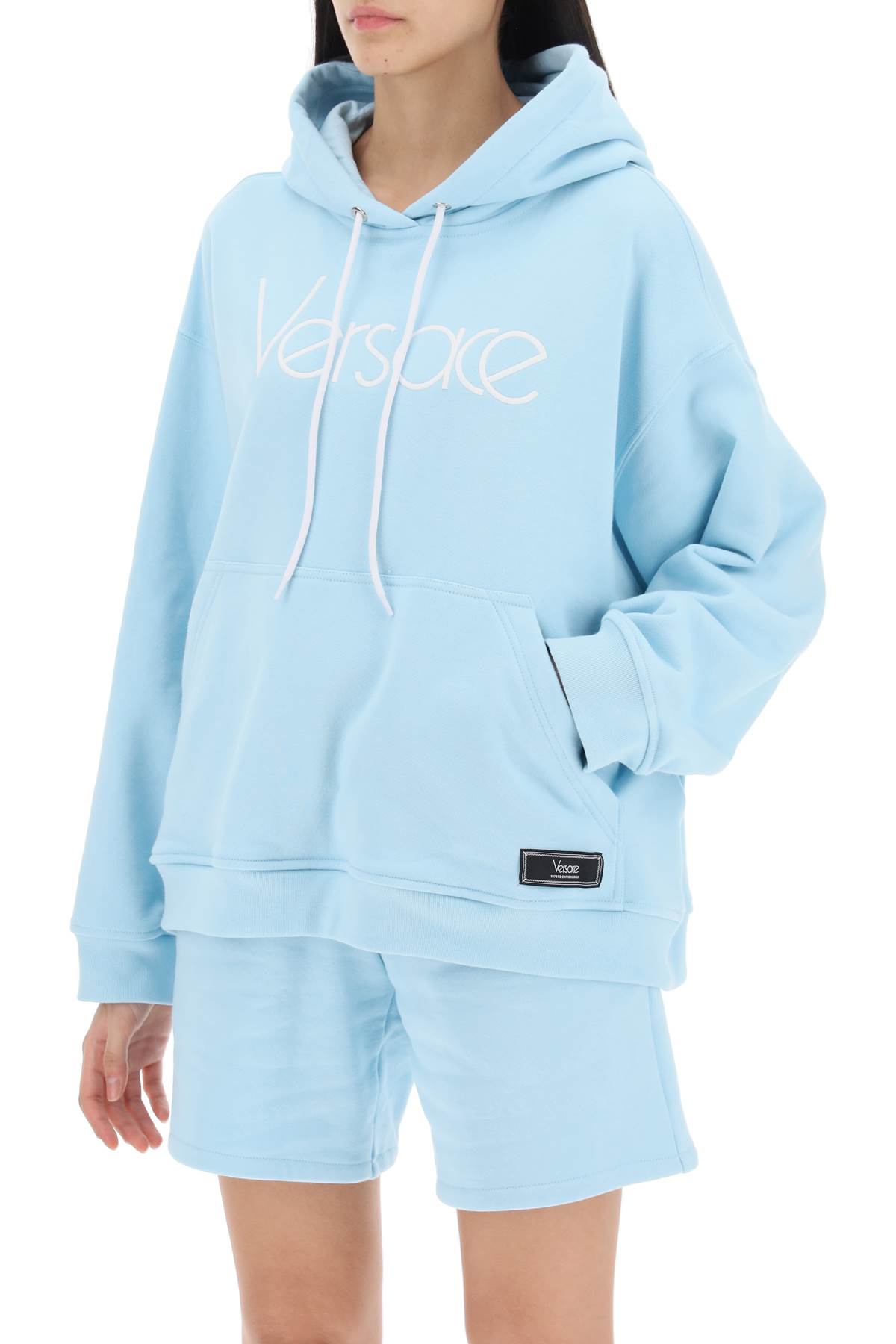 Versace 1978 Re-edition Logo-embroidered Hoodie In Pale Blue+bianco