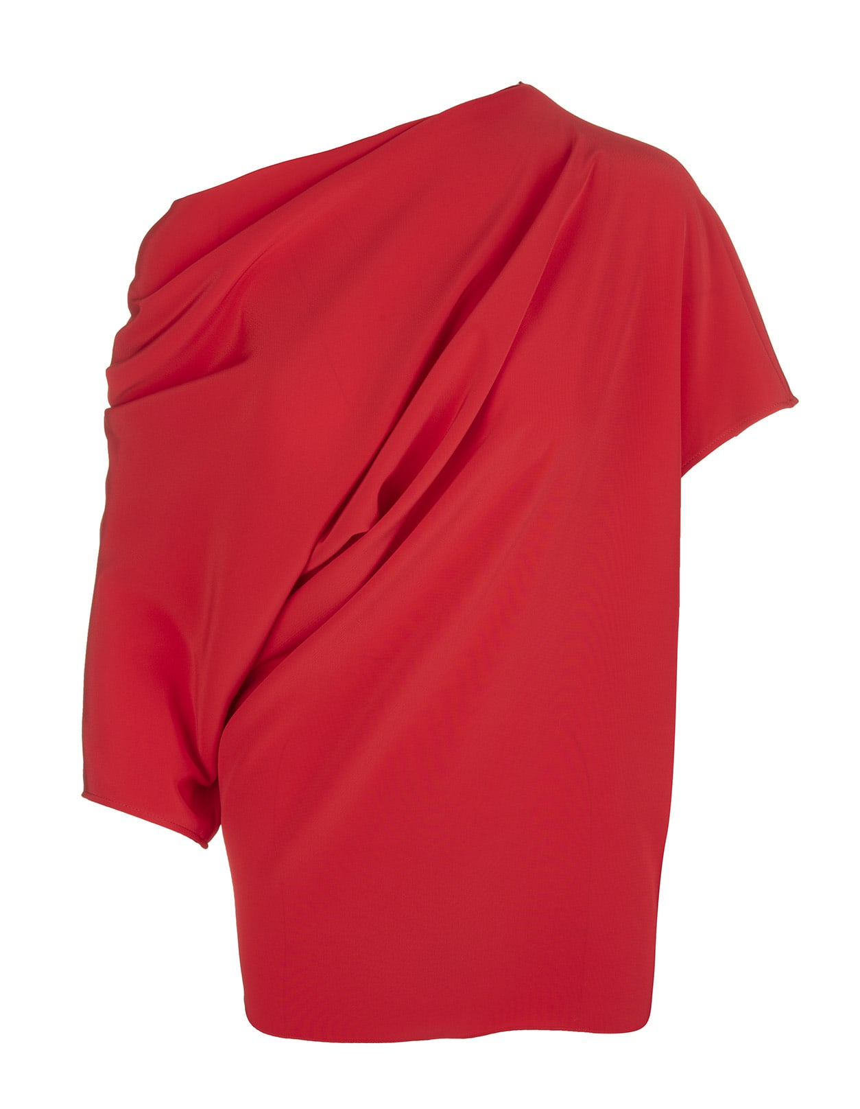 Red Asymmetric Ruched Top From Gianluca Capannolo Featuring Asymmetric Design, Ruched Detailing And Three-quarter Length Sleeves.