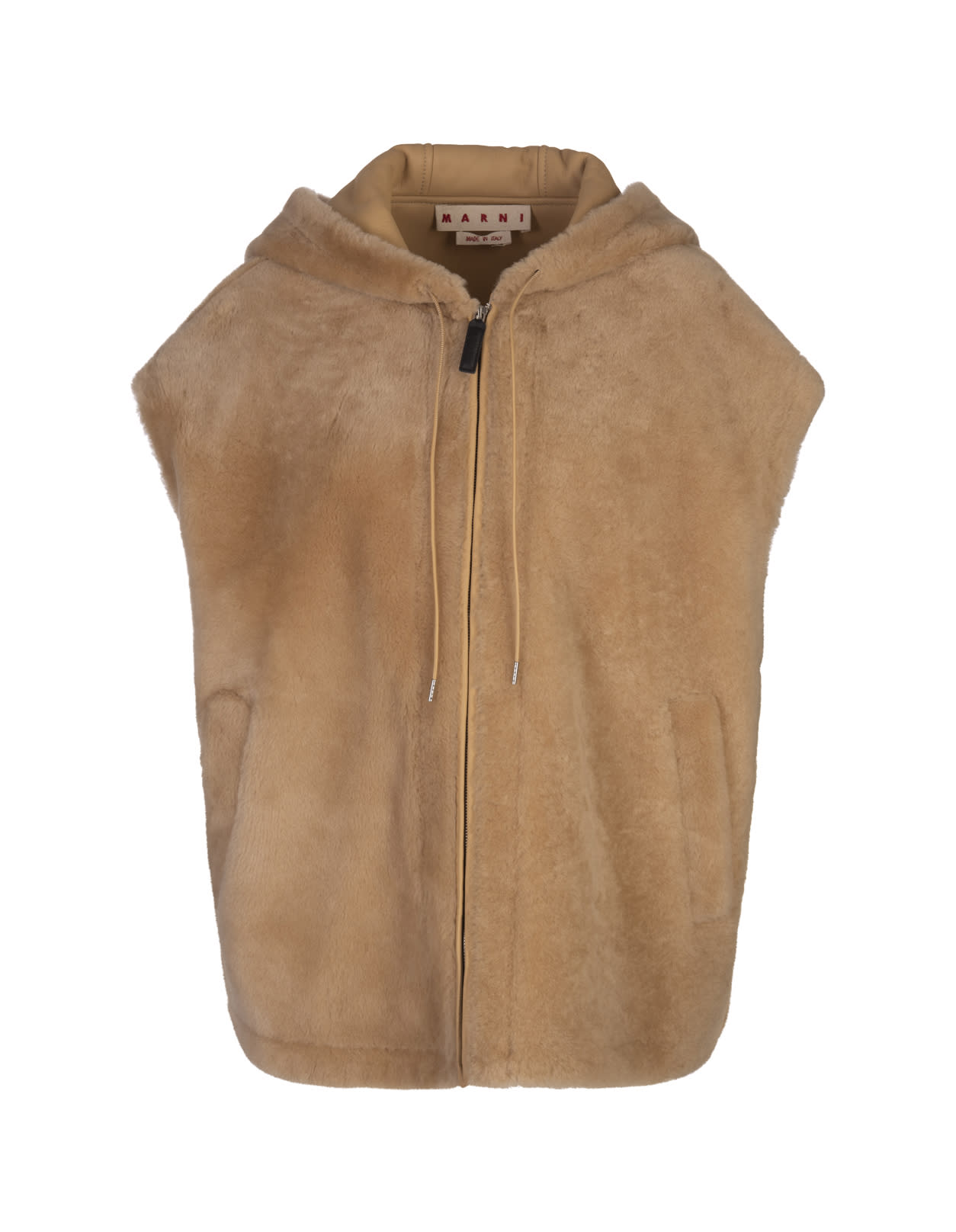 Shop Marni Beige Shearling Hooded Gilet In Brown