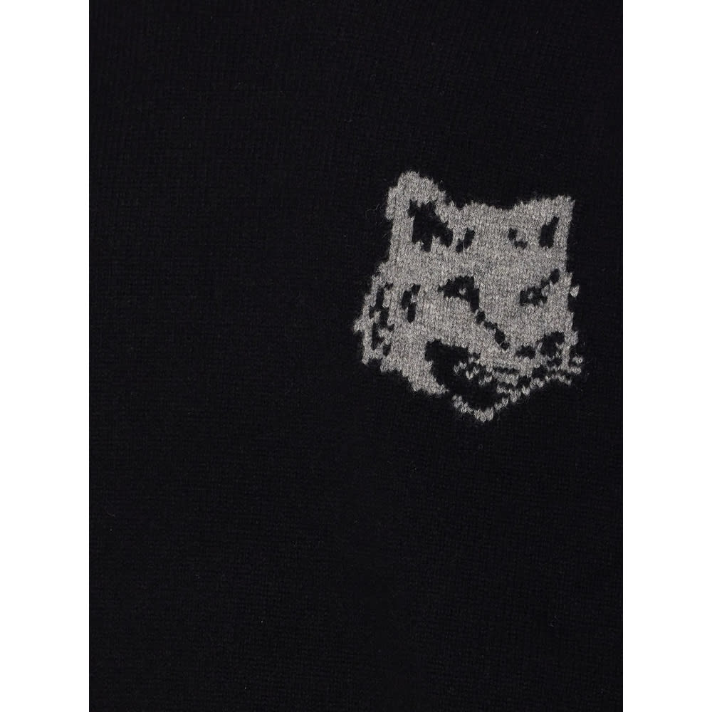 Maison Kitsuné Crew Neck Sweater With Large Fox Embroidery Black In Black