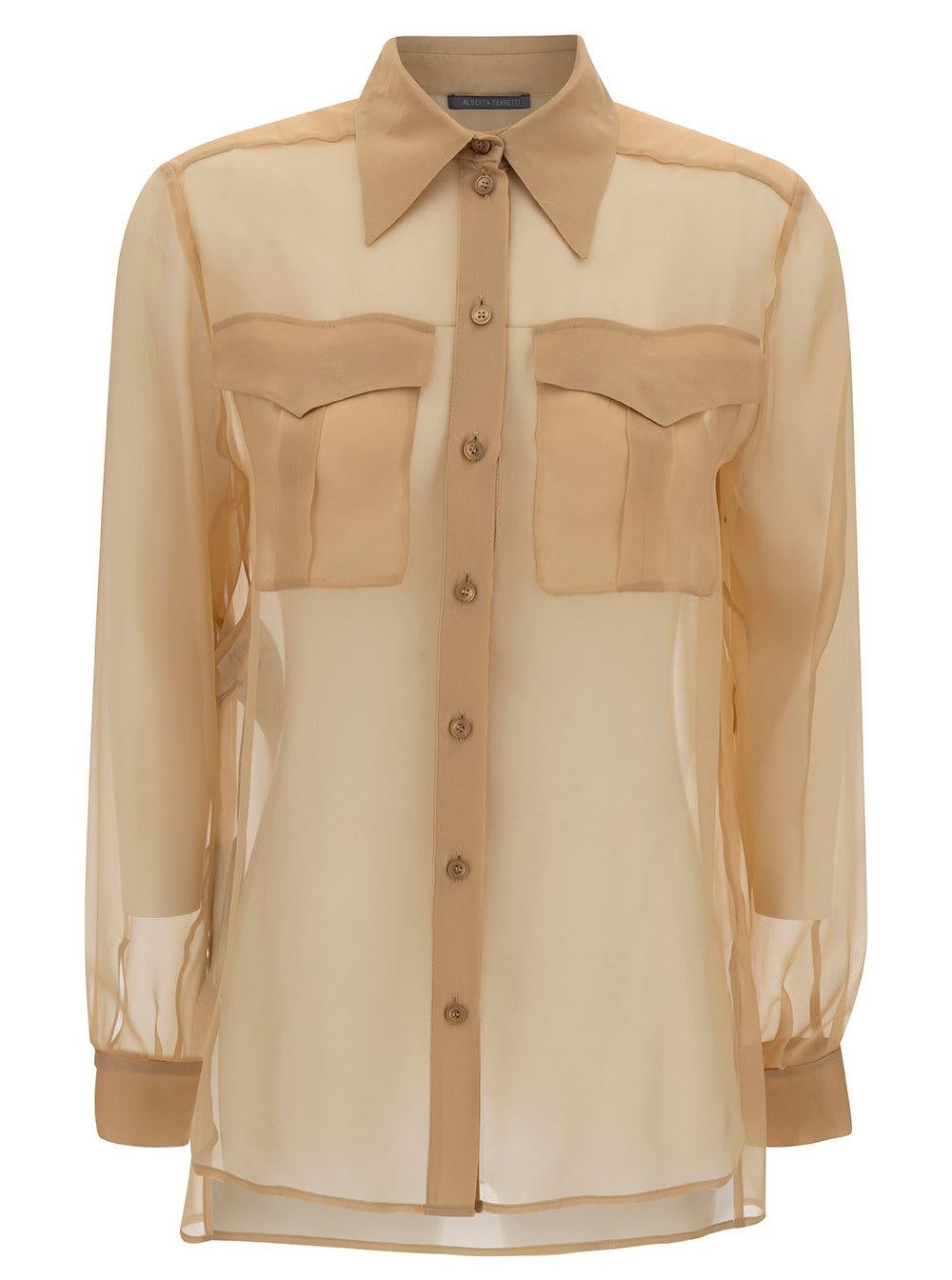 Beige Shirt With Pointed Collar And Patch Pockets In Silk Chiffon Woman