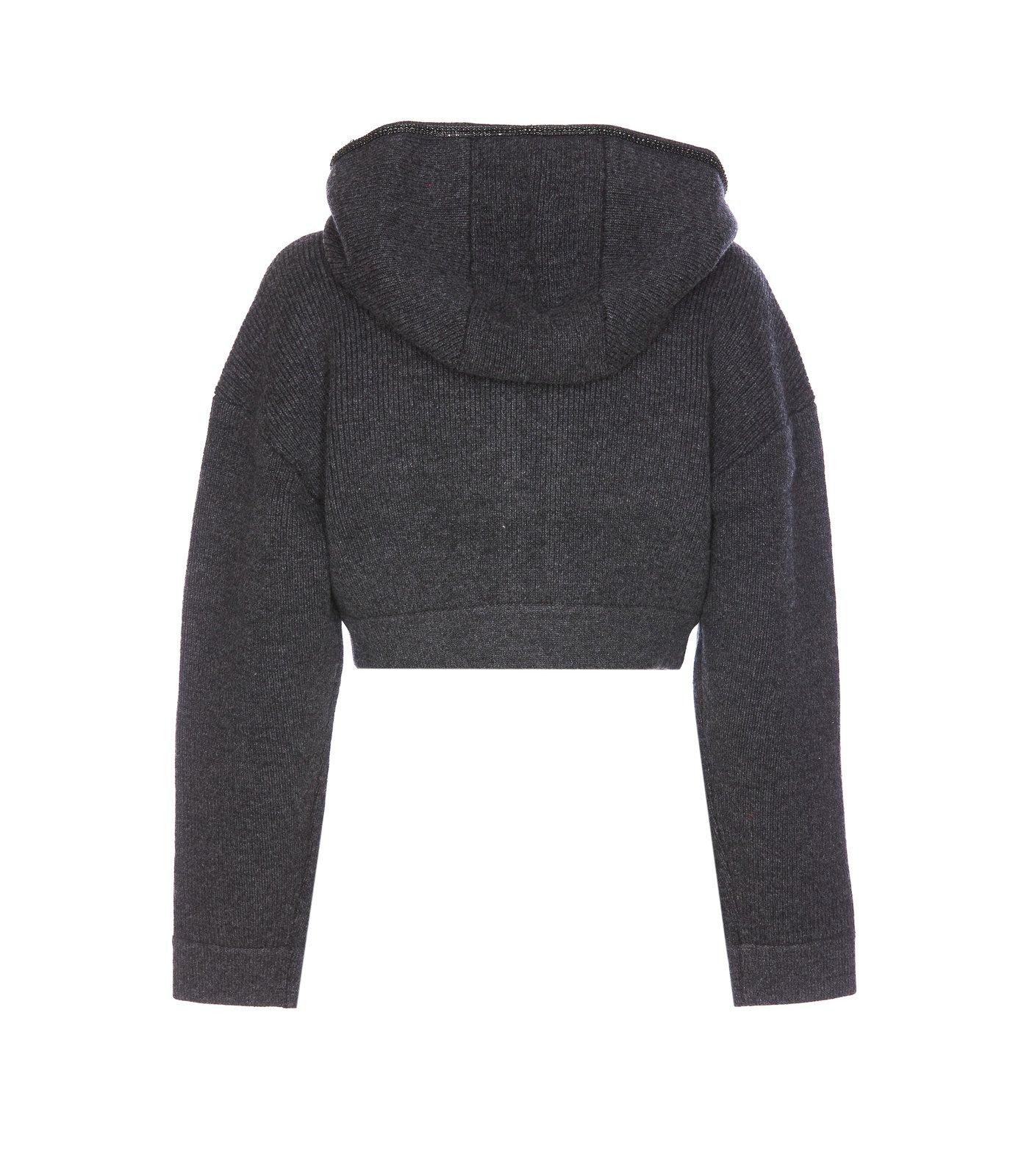 Self-portrait Knit Cropped Zip Hoodie In Grey
