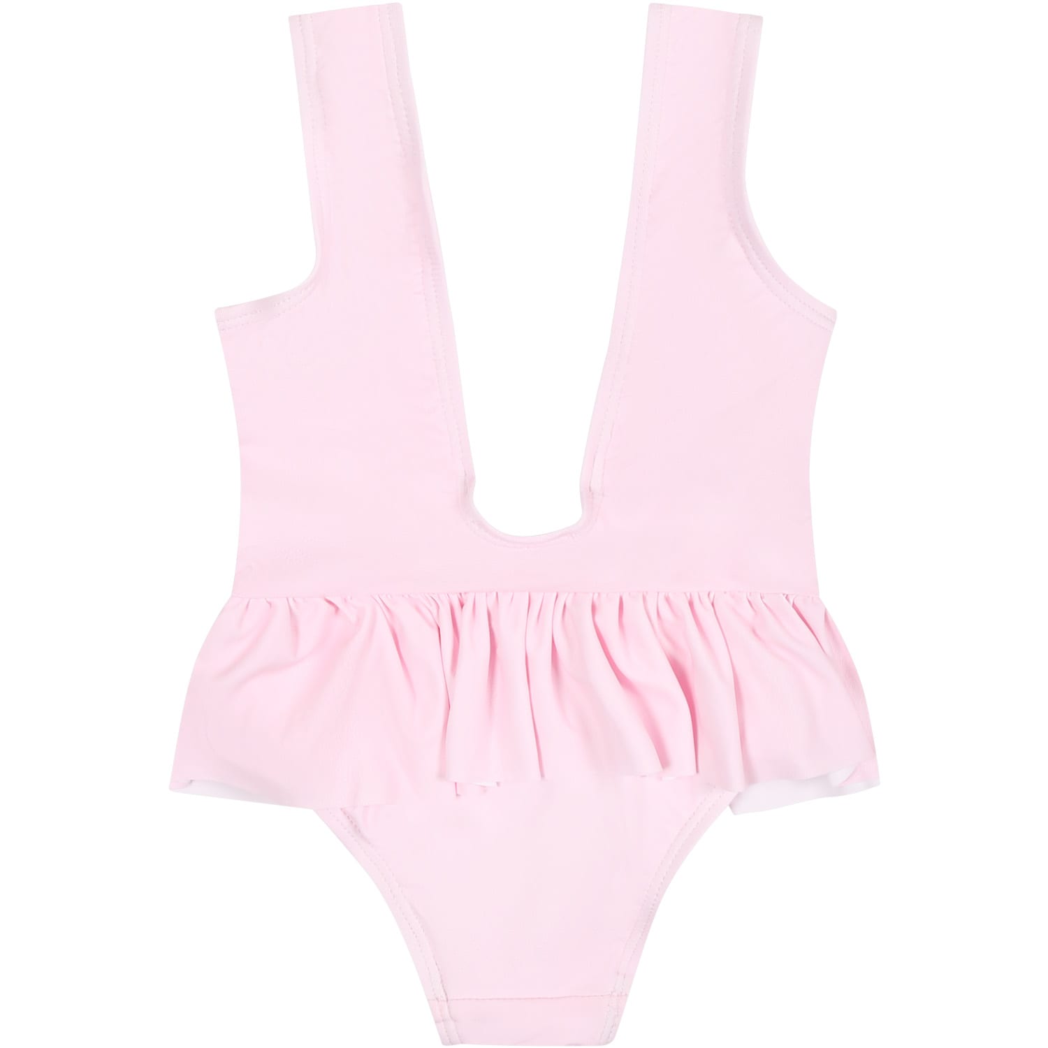 Shop Chiara Ferragni Pink Swimsuit For Baby Girl With Ruffles And Flowers