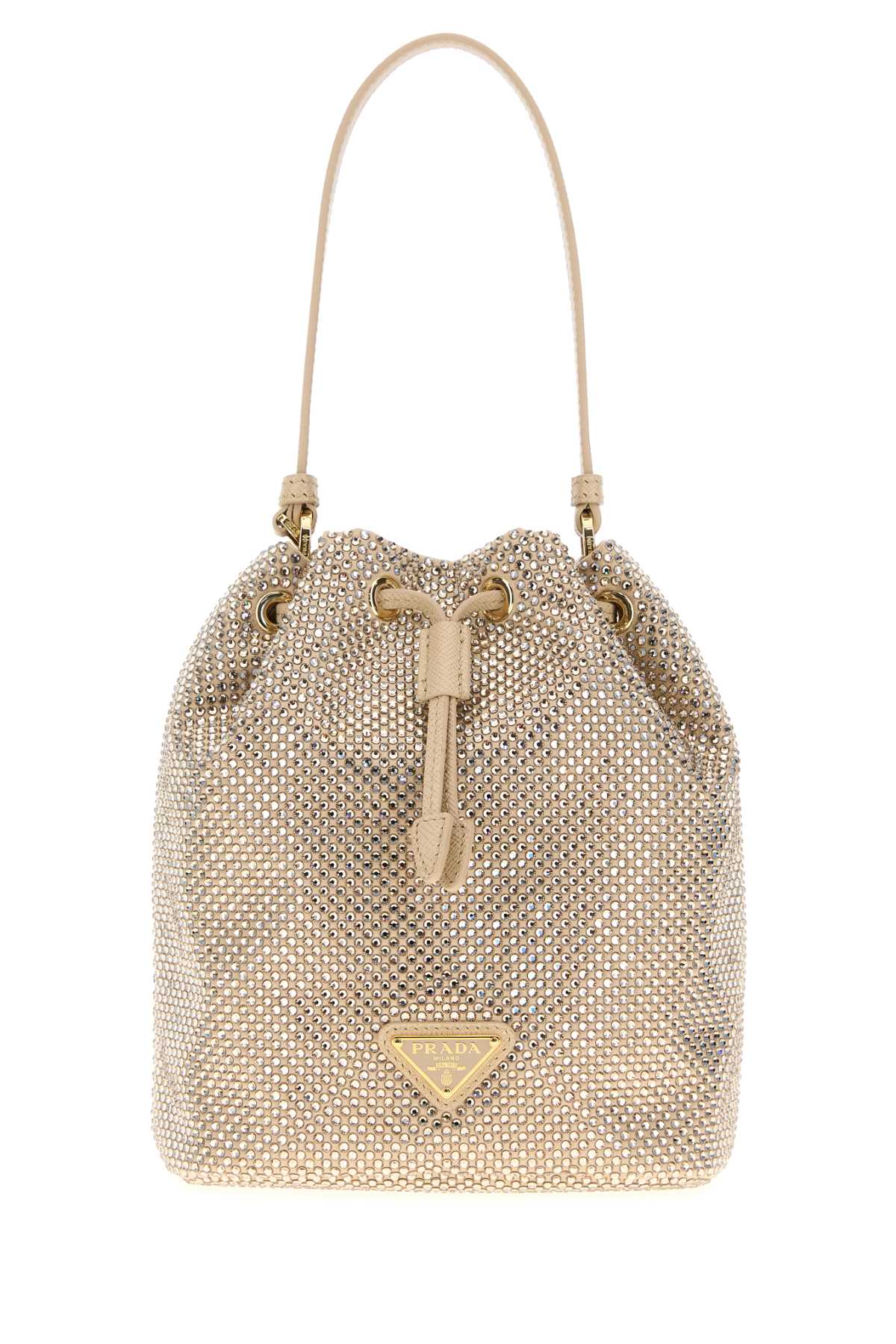 Prada Crystal-embellished Drawstring Bucket Bag In Brown