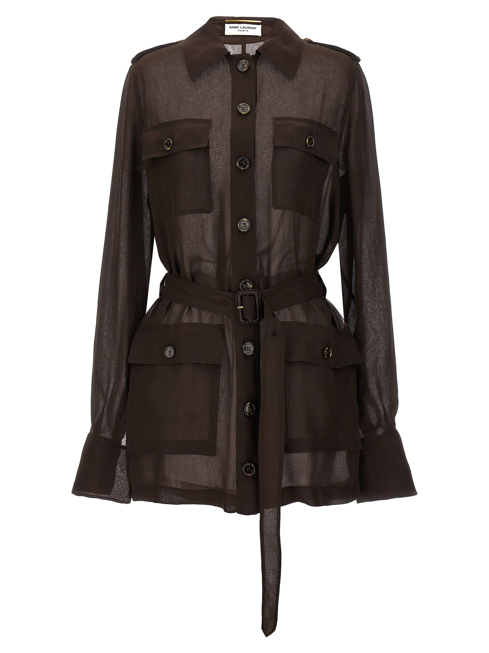 Saint Laurent Biologic Silk Dress With Belt At Waist In Brown