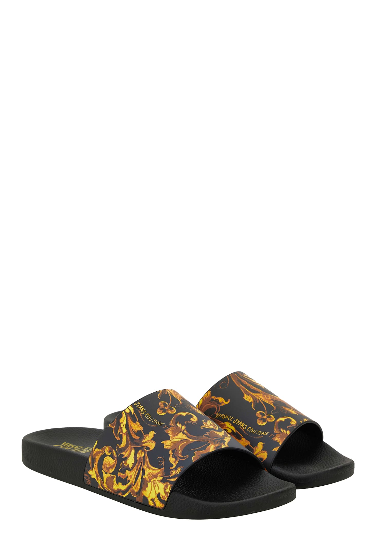 Versace Jeans Couture Baroque-print Slides In Black