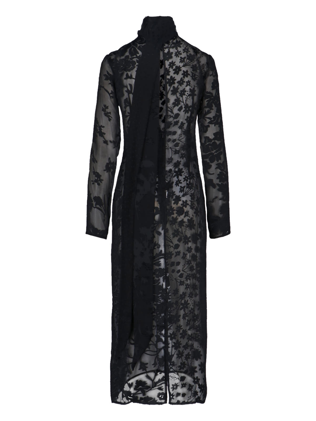 Marine Serre Sheer Black Midi Dress With Floral Patterns And Scarf Detail In Black