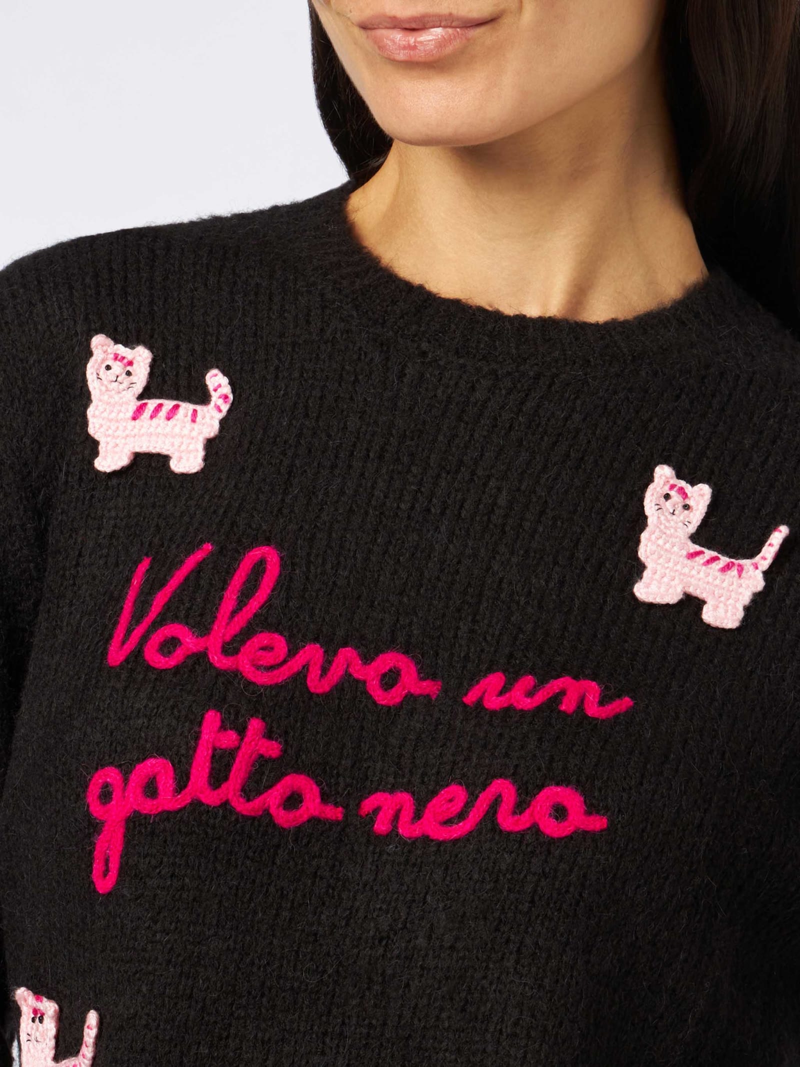 Shop Mc2 Saint Barth Woman Crewneck Soft Sweater With Cats Crochet Patch And Volevo Un Gatto Nero Embroidery In Black