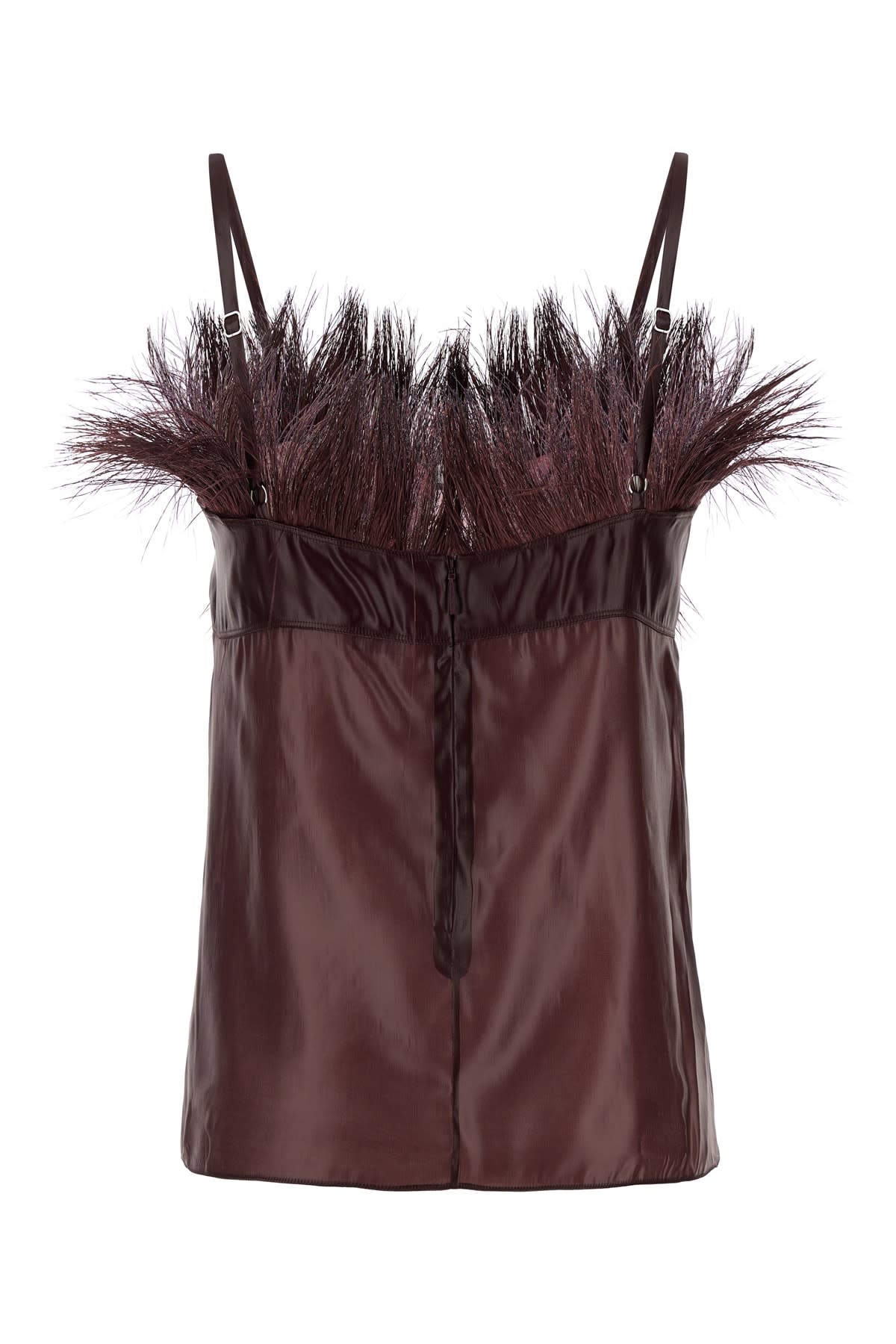 Ferragamo Feather Trim Satin Finish Spaghetti Straps Top In Oxblood