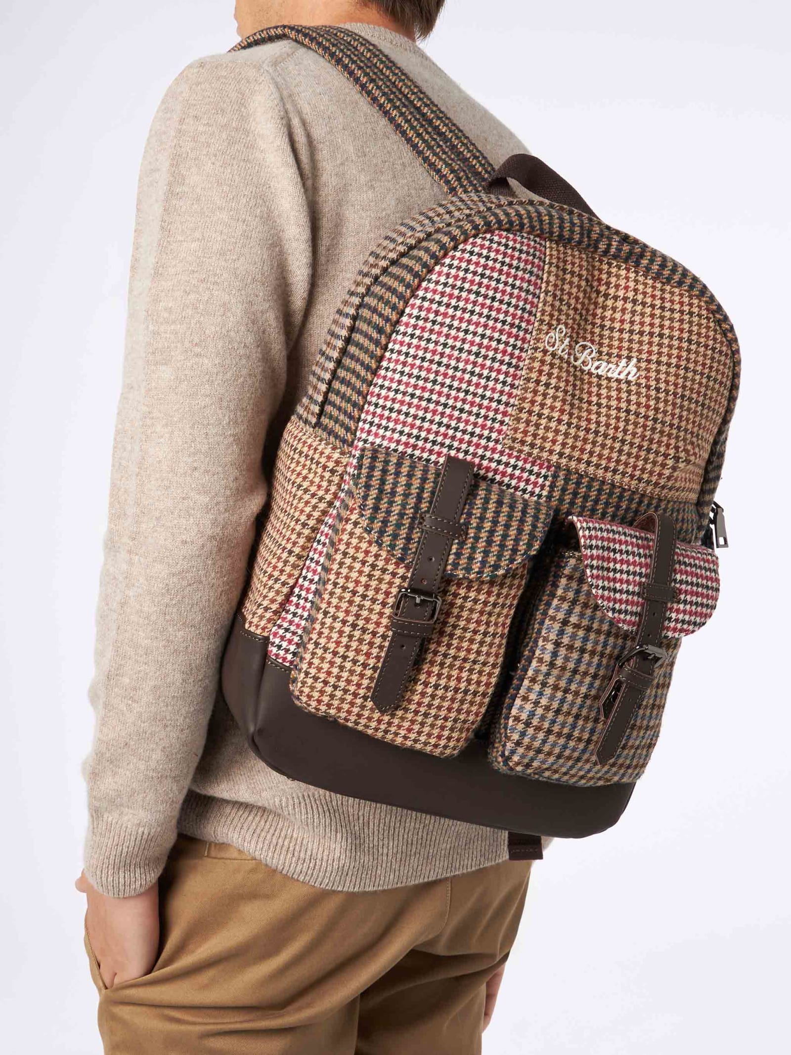 Shop Mc2 Saint Barth Backpack With Pied De Poule Print In Brown