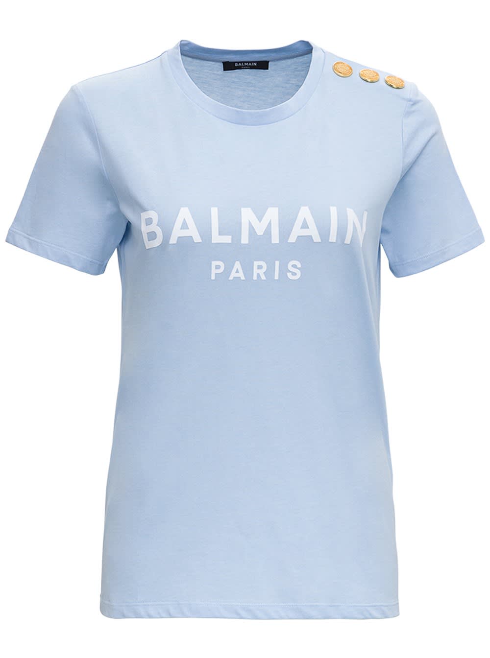 Balmain Light Blue Cotton T-shirt With Logo Print