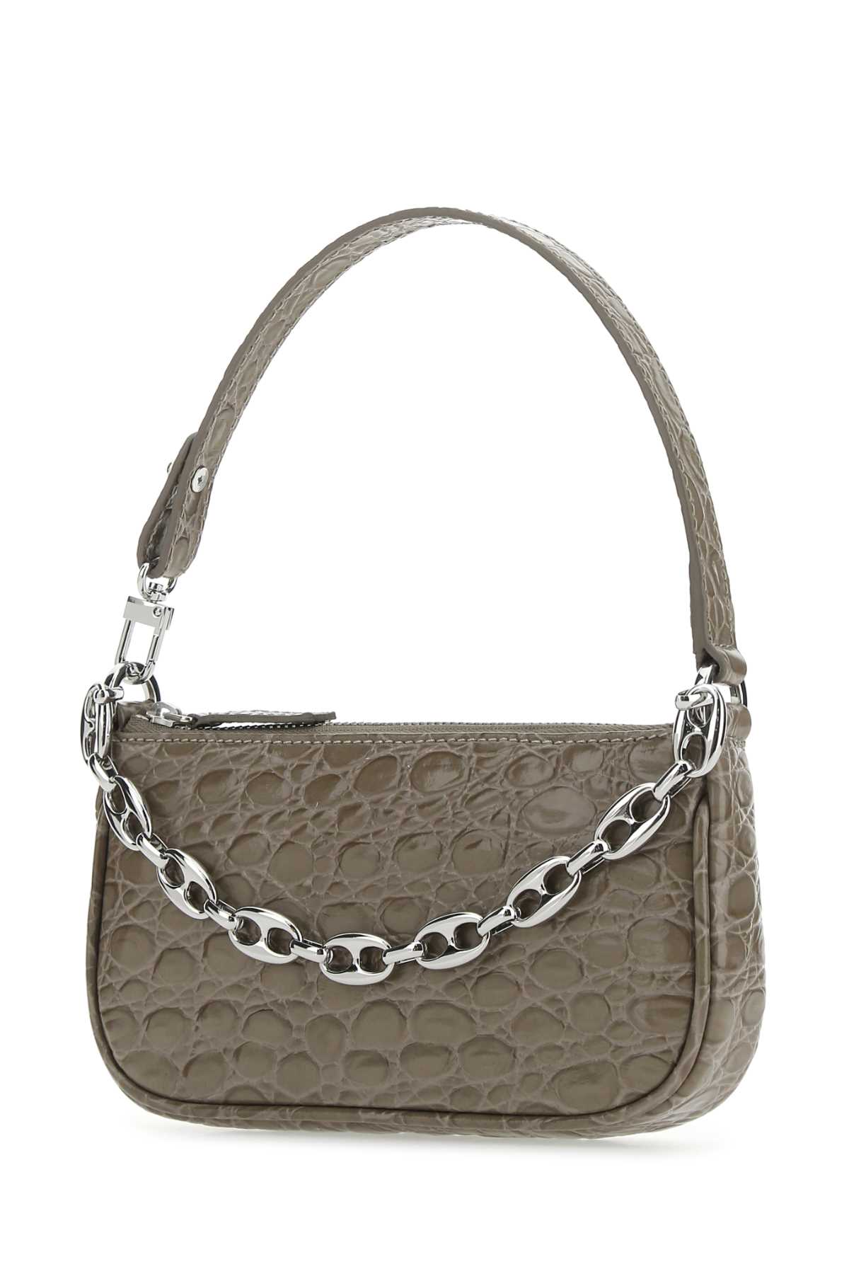 Shop By Far Dove Grey Leather Mini Rachel Handbag In Mud