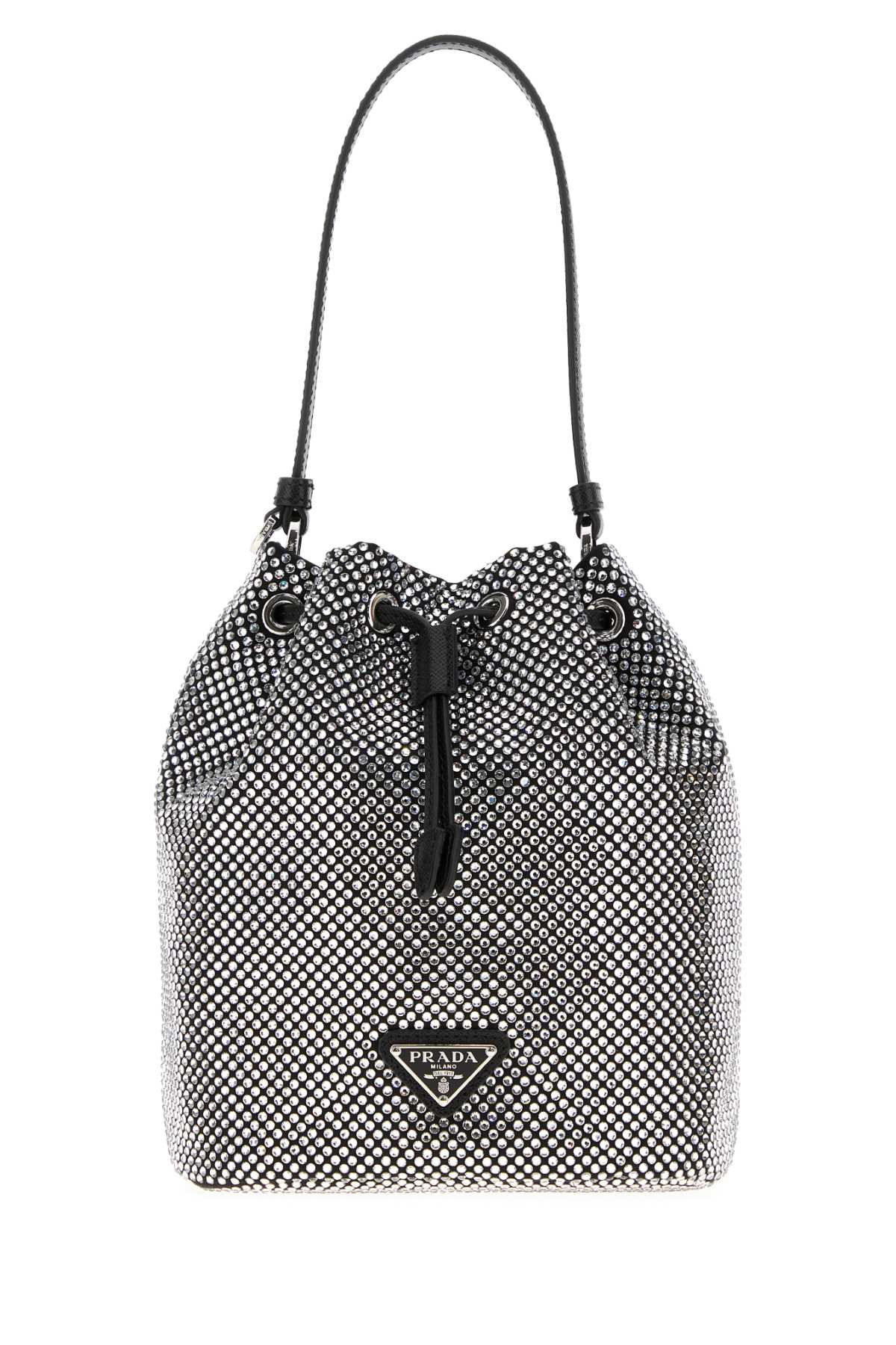 Prada Embellished Satin Bucket Bag In Silver
