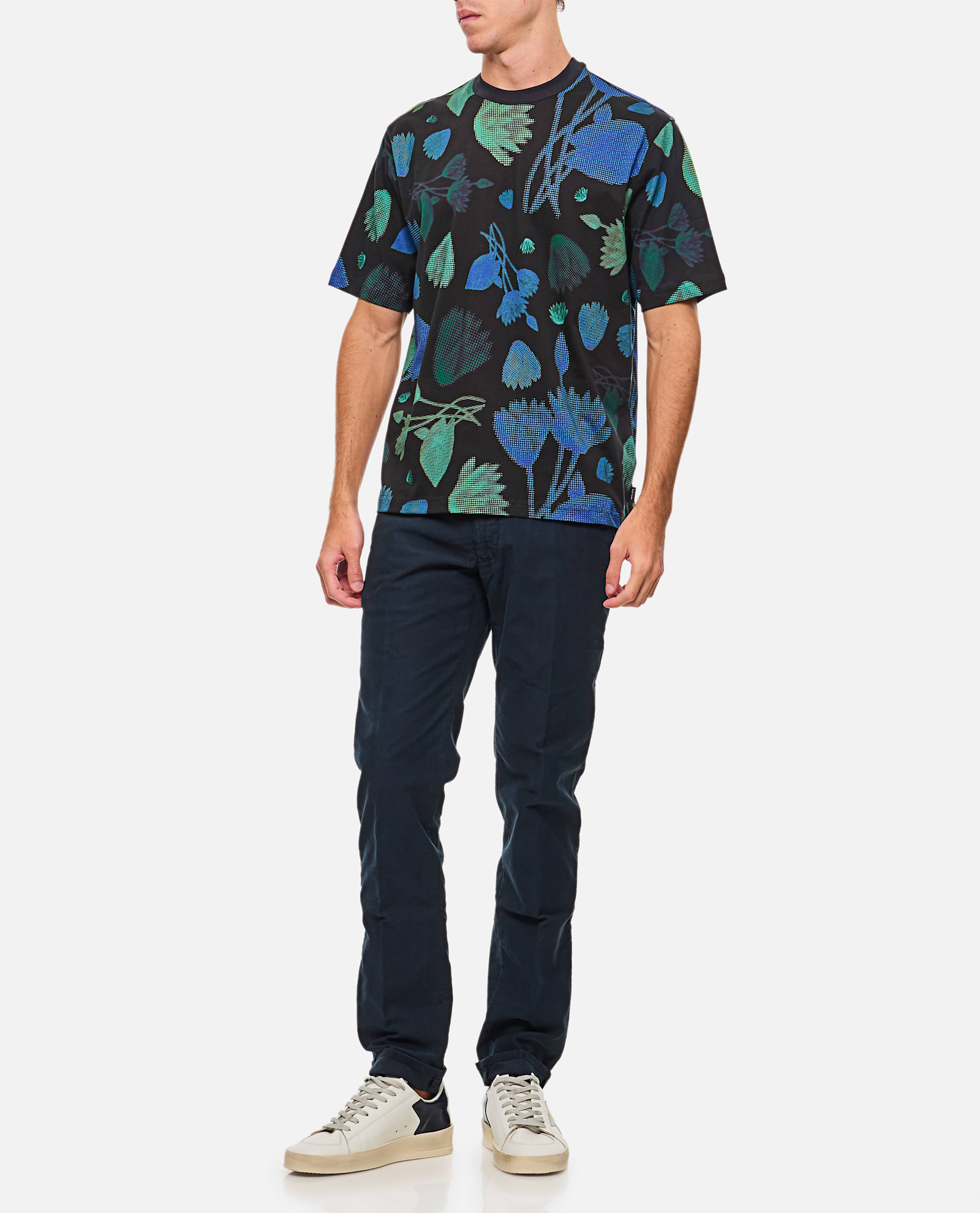 PAUL SMITH BLACK HALF TONE FLORAL T-SHIRT WITH PIXELATED FLOWER PRINT