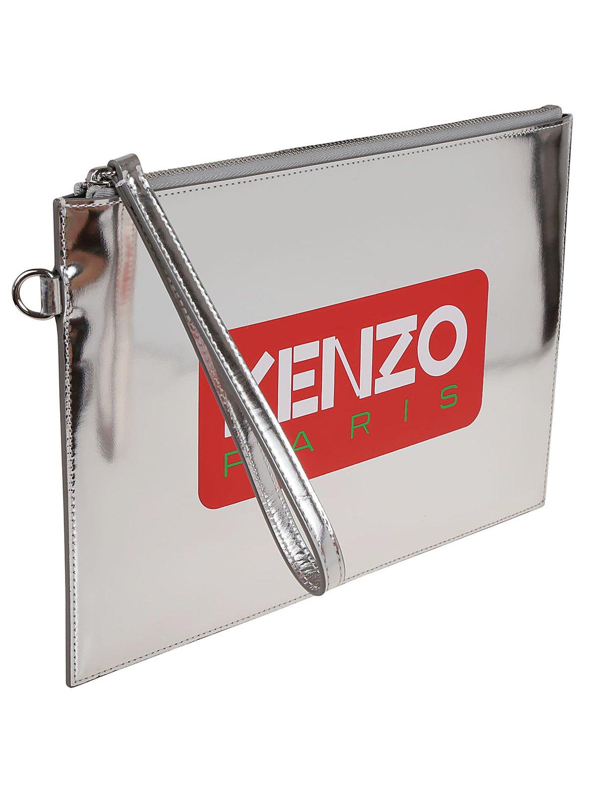 Shop Kenzo Large Logo Printed Clutch Bag In Silver