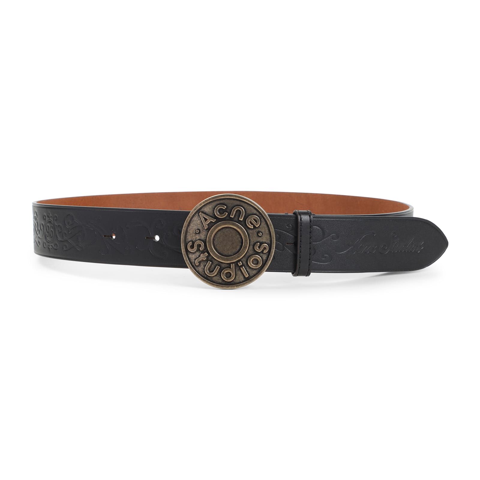 Acne Studios Embossed Black Calf Leather Belt With Aged Gold-tone Buckle In Black