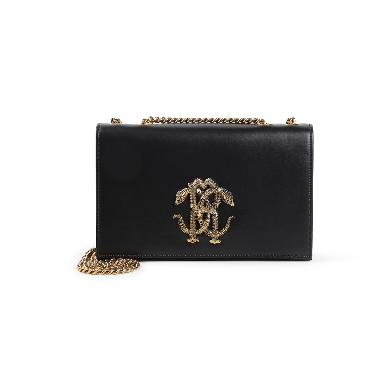 Roberto Cavalli Black Leather Shoulder Bag With Gold Emblem In Black