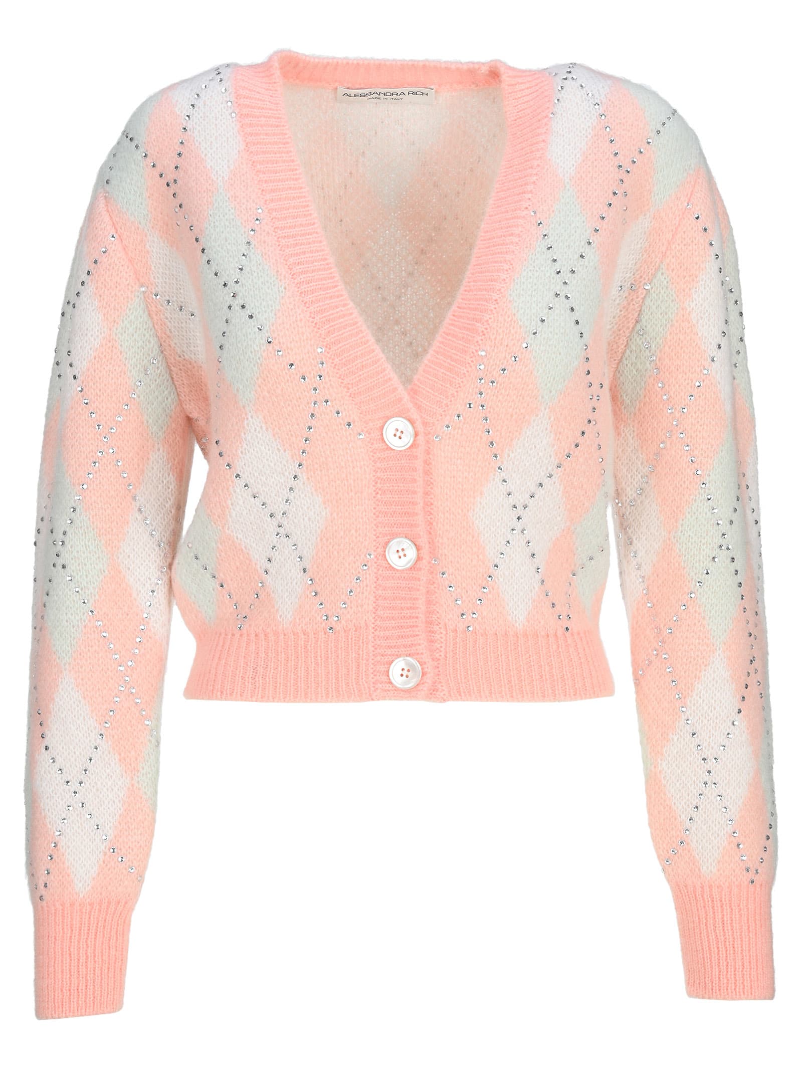 Alessandra Rich Argyle Wool Cropped Cardigan With Hotfix Crystals