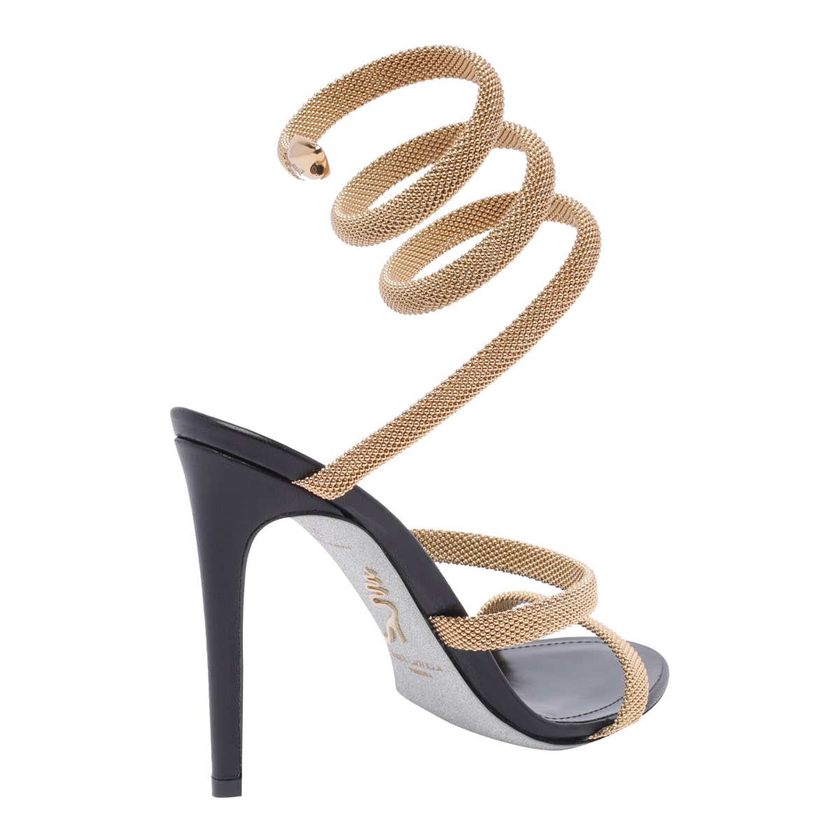 René Caovilla Trigold Cleo Black-gold Sandal 105 In Gold