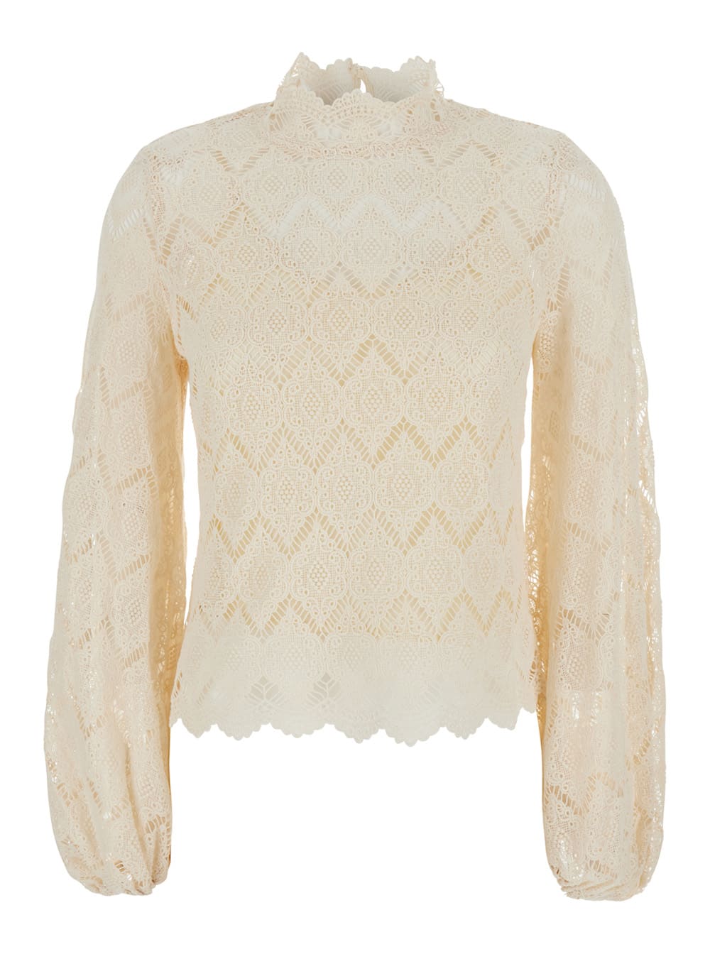 Shop Twinset Beige Blouse With Mock Neck And Scallop Hem In Cotton Woman