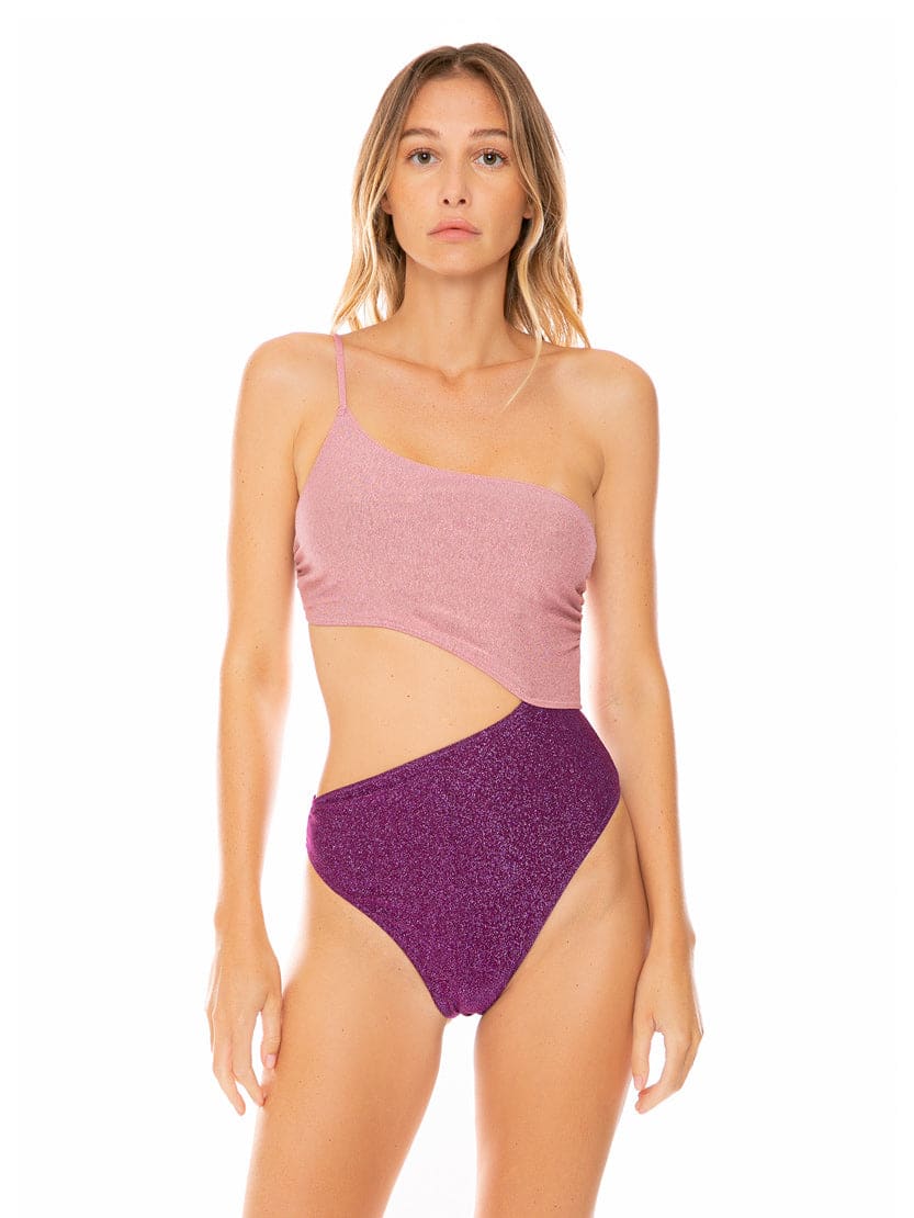 Mc2 Saint Barth Violet And Pink Lurex Cut Out One Shoulder One Piece In Purple