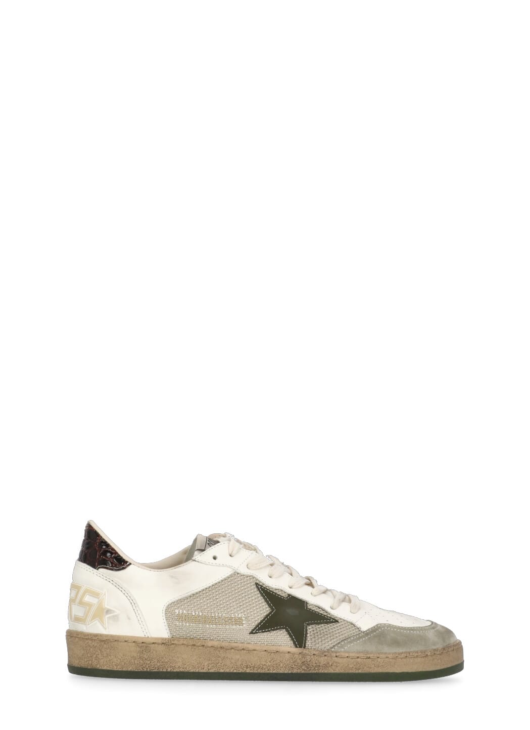 Golden Goose Ball Star Sneakers In Vintage Effect Leather With Olive Green Leather Star And Crocodile Effect Heel In White