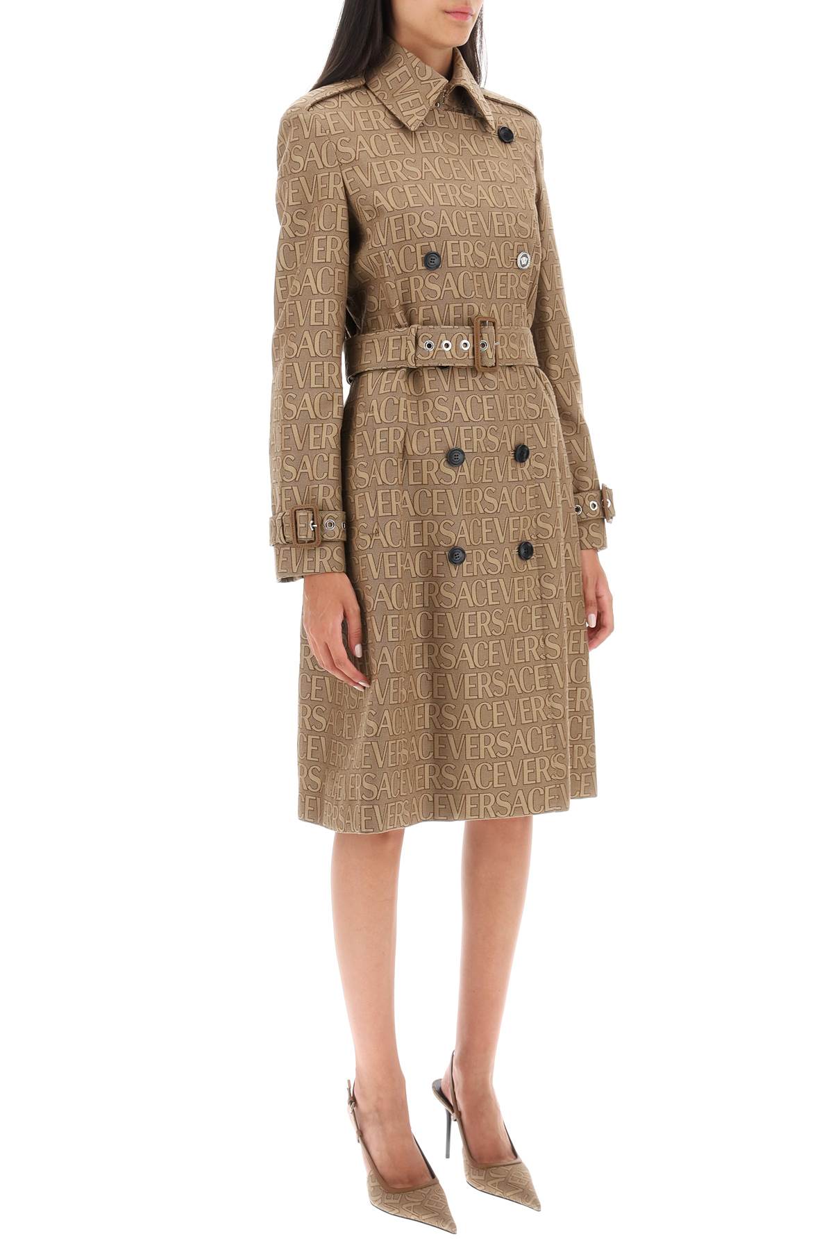 Versace Double-breasted Canvas-jacquard Trench Coat In Brown
