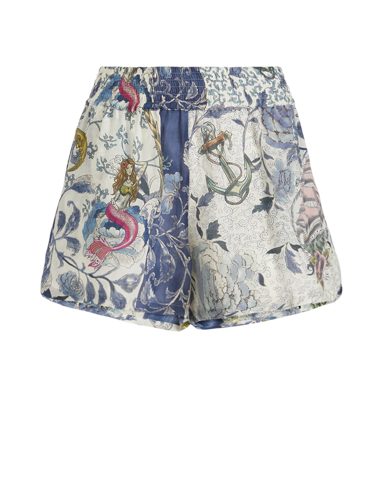Etro Woman Navy Blue Ramie Shorts With Old School Tattoo Print