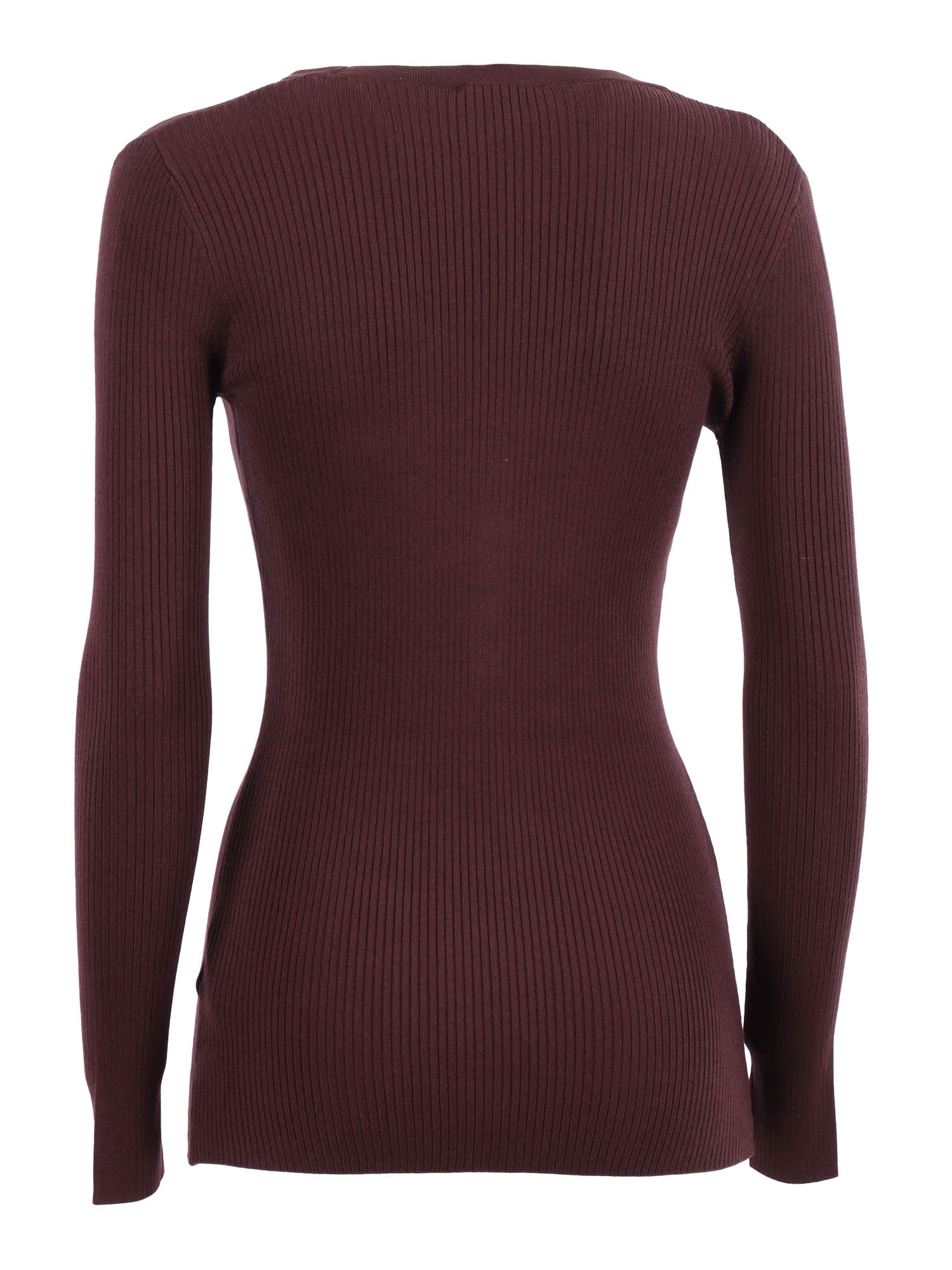 Elisabetta Franchi Burgundy Ribbed Sweater With Pocket In Brown