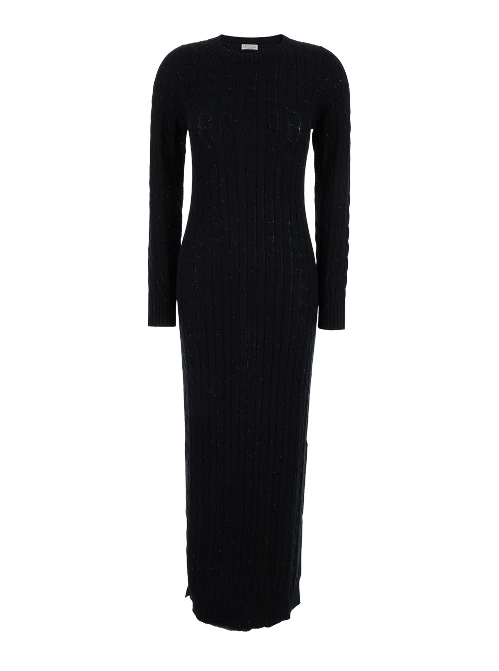 Shop Brunello Cucinelli Black Sequin Embellished Cable Knit Dress In Cotton Blend Woman
