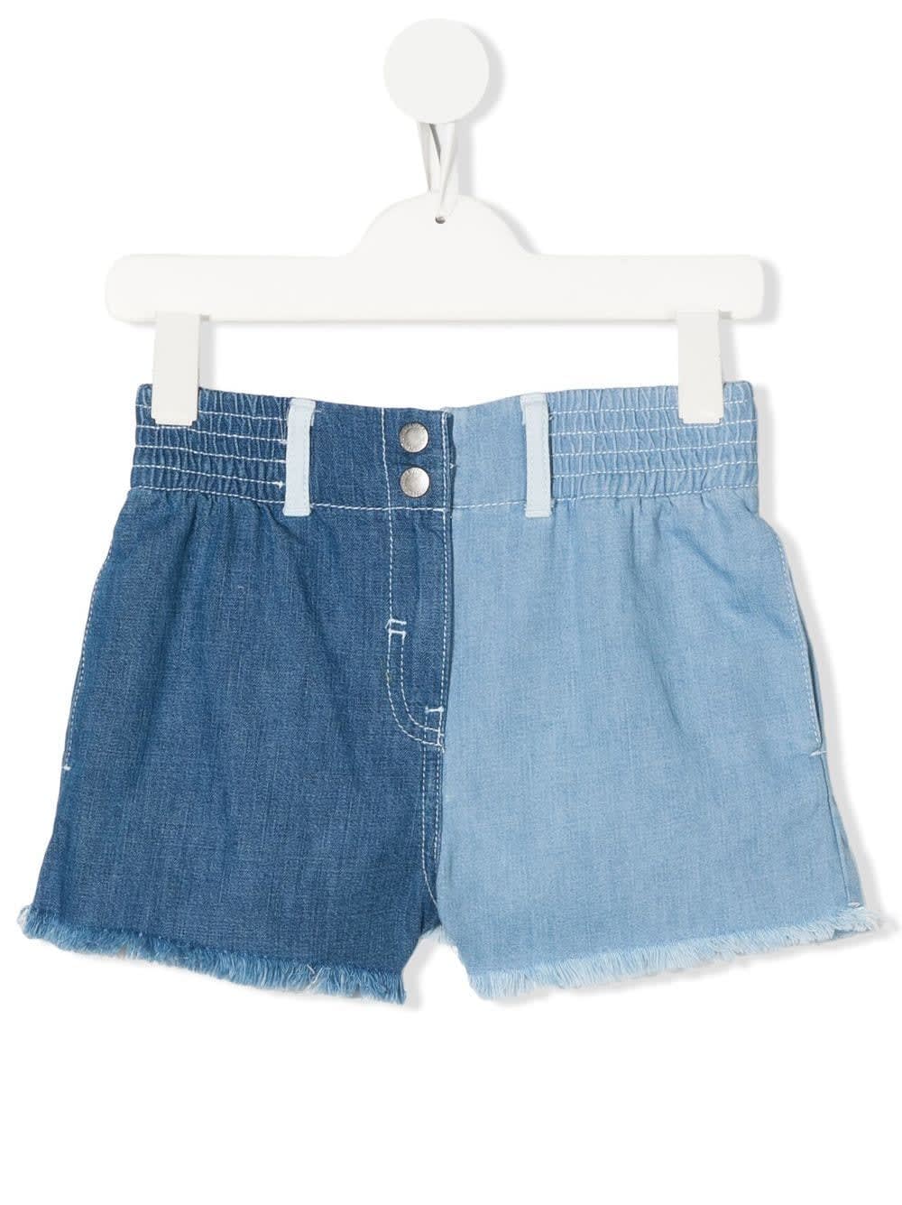 Stella McCartney Kids Two-tone Blue Denim Kids Shorts With Fringed Bottom