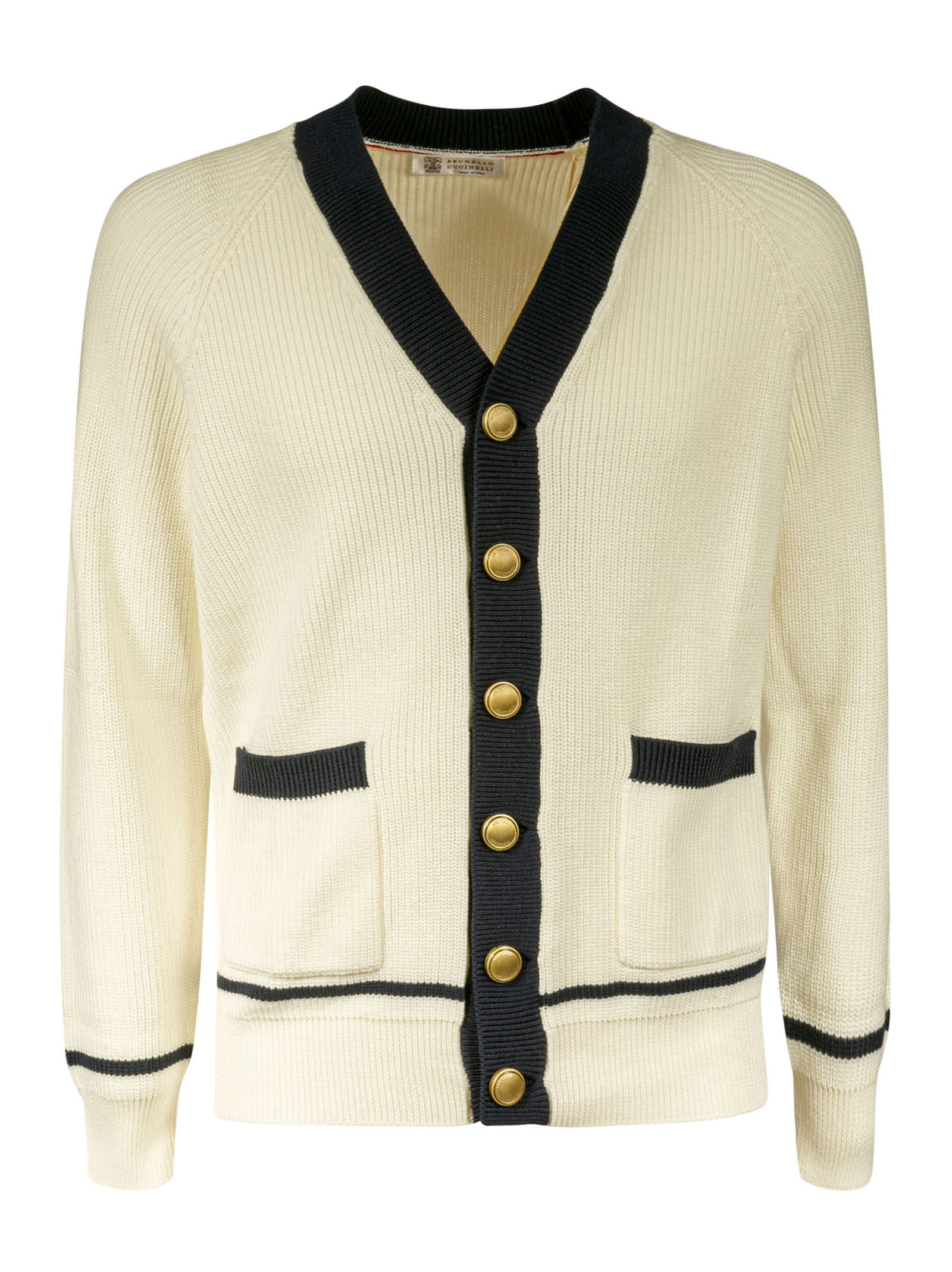 Brunello Cucinelli Ribbed Knit Buttoned Cardigan In White/black