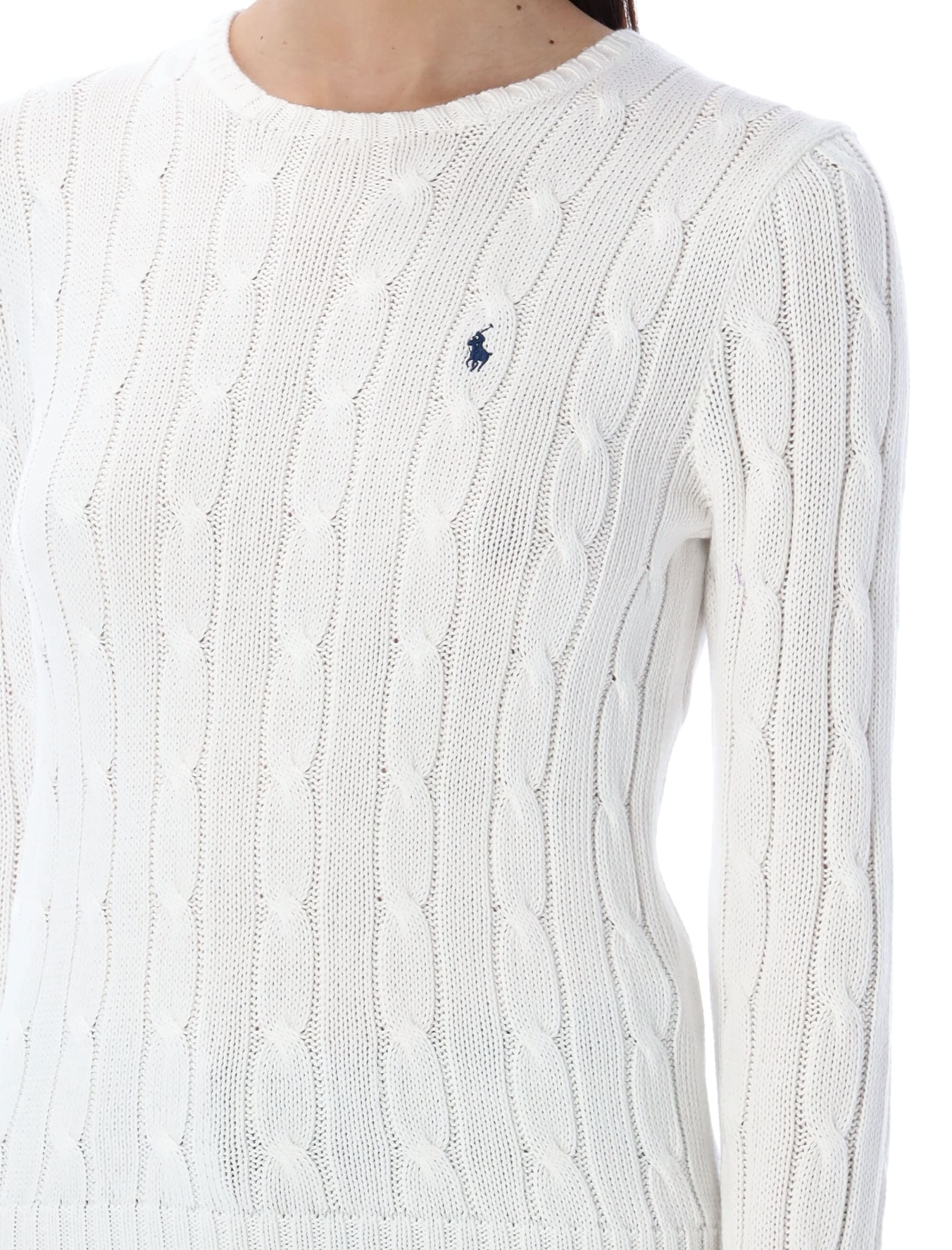 Shop Polo Ralph Lauren Cable-knit Cotton Crewneck Sweater In White