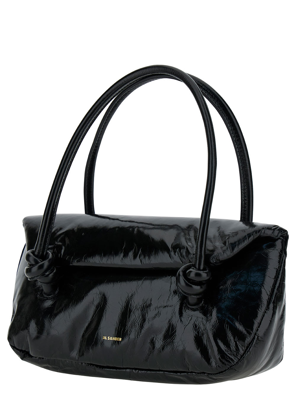 Shop Jil Sander Knot Small Black Shoulder Bag With Laminated Logo In Patent Leather Woman