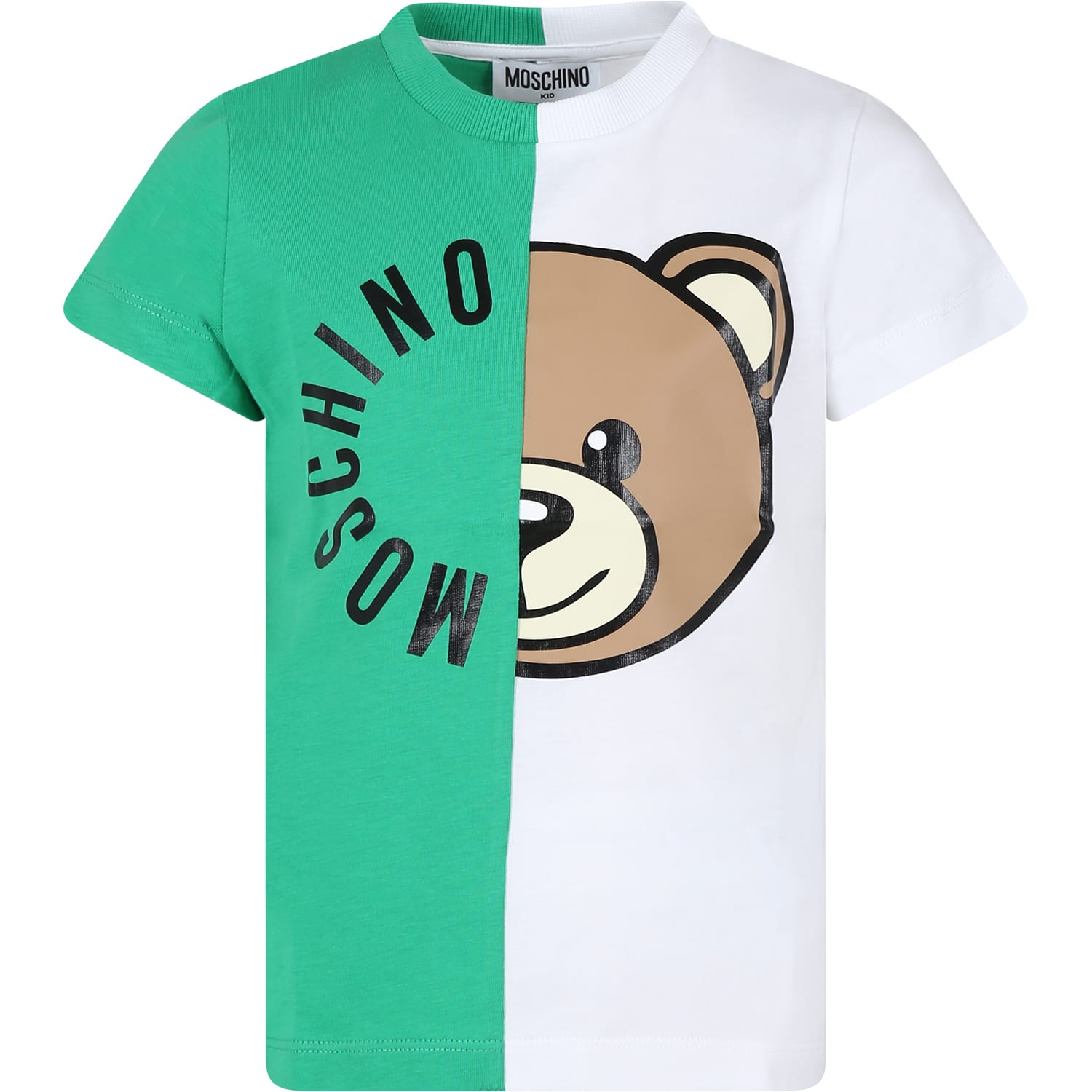 Moschino Green T-shirt For Kids With Teddy Bear And Logo