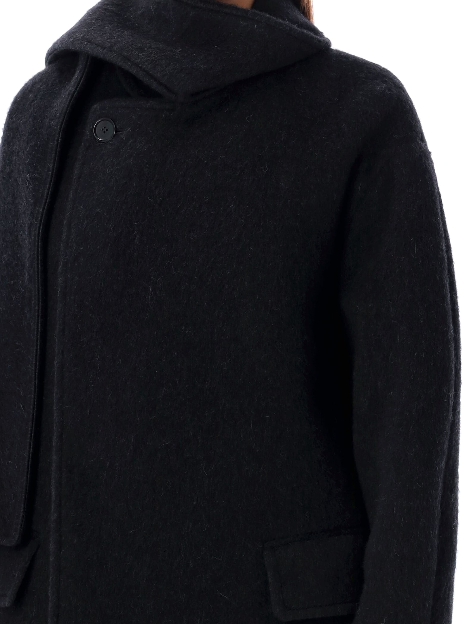 Shop Msgm Scarfed Collar Long Coat In Black