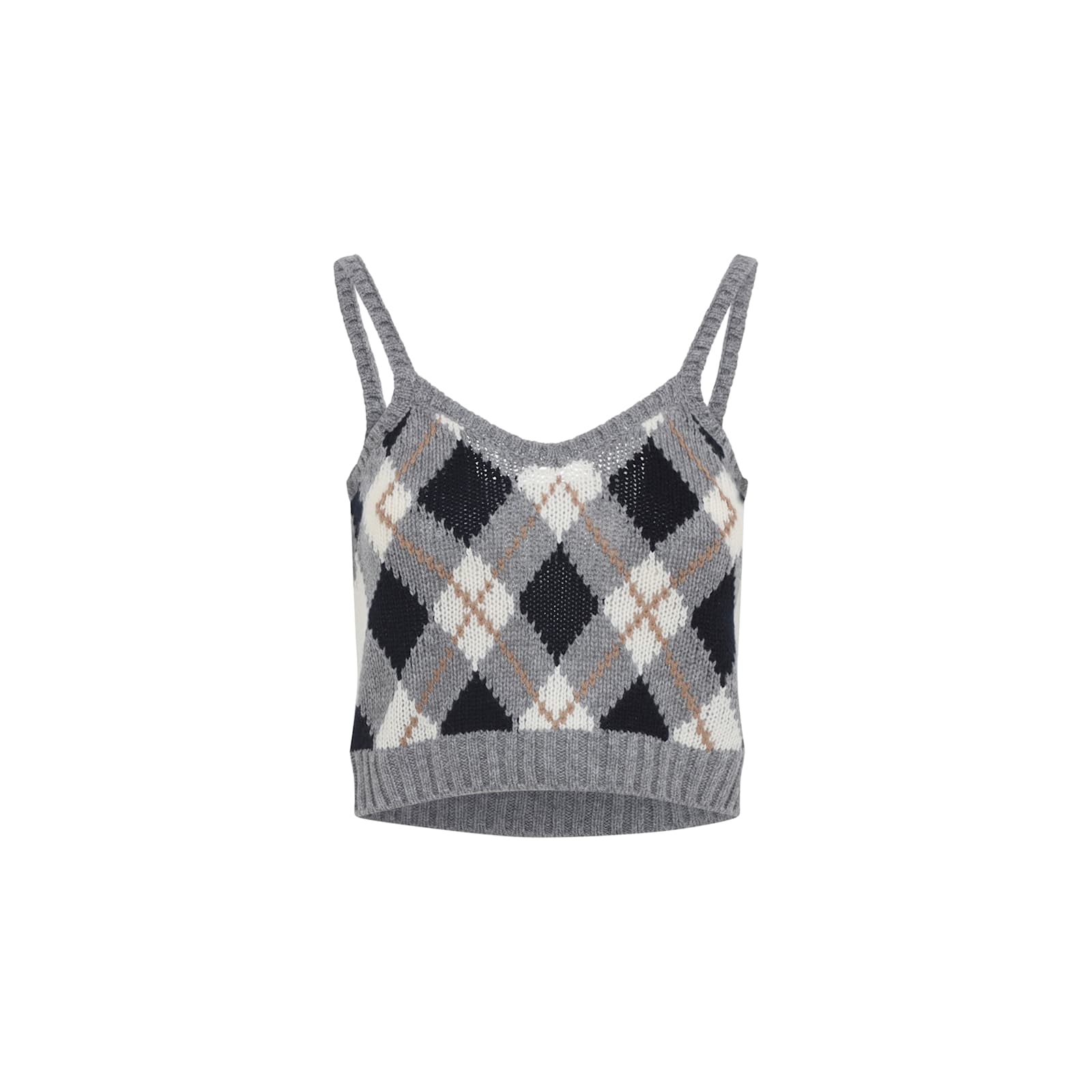 Prada Sleeveless Cropped Knit Argyle Tank Top In Gray