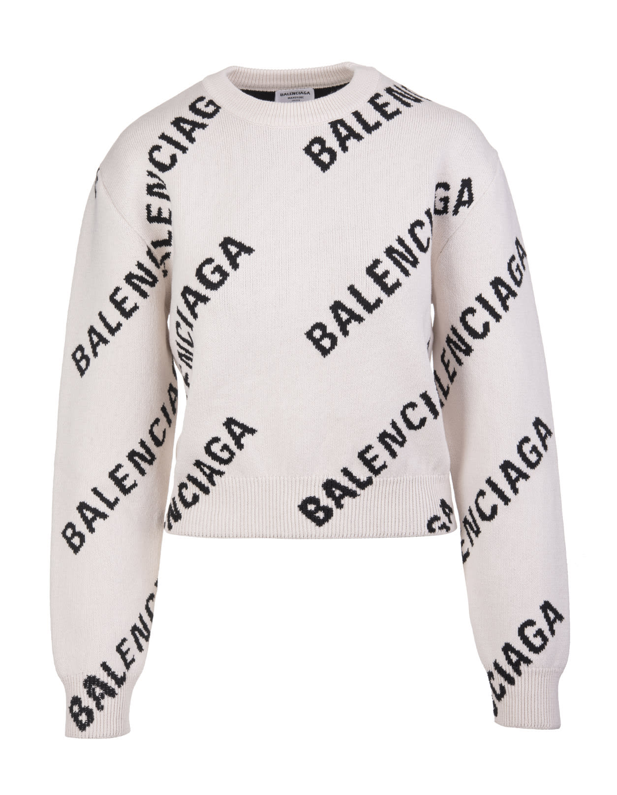 Balenciaga Woman Light Beige And Black Allover Logo Round-neck Pullover