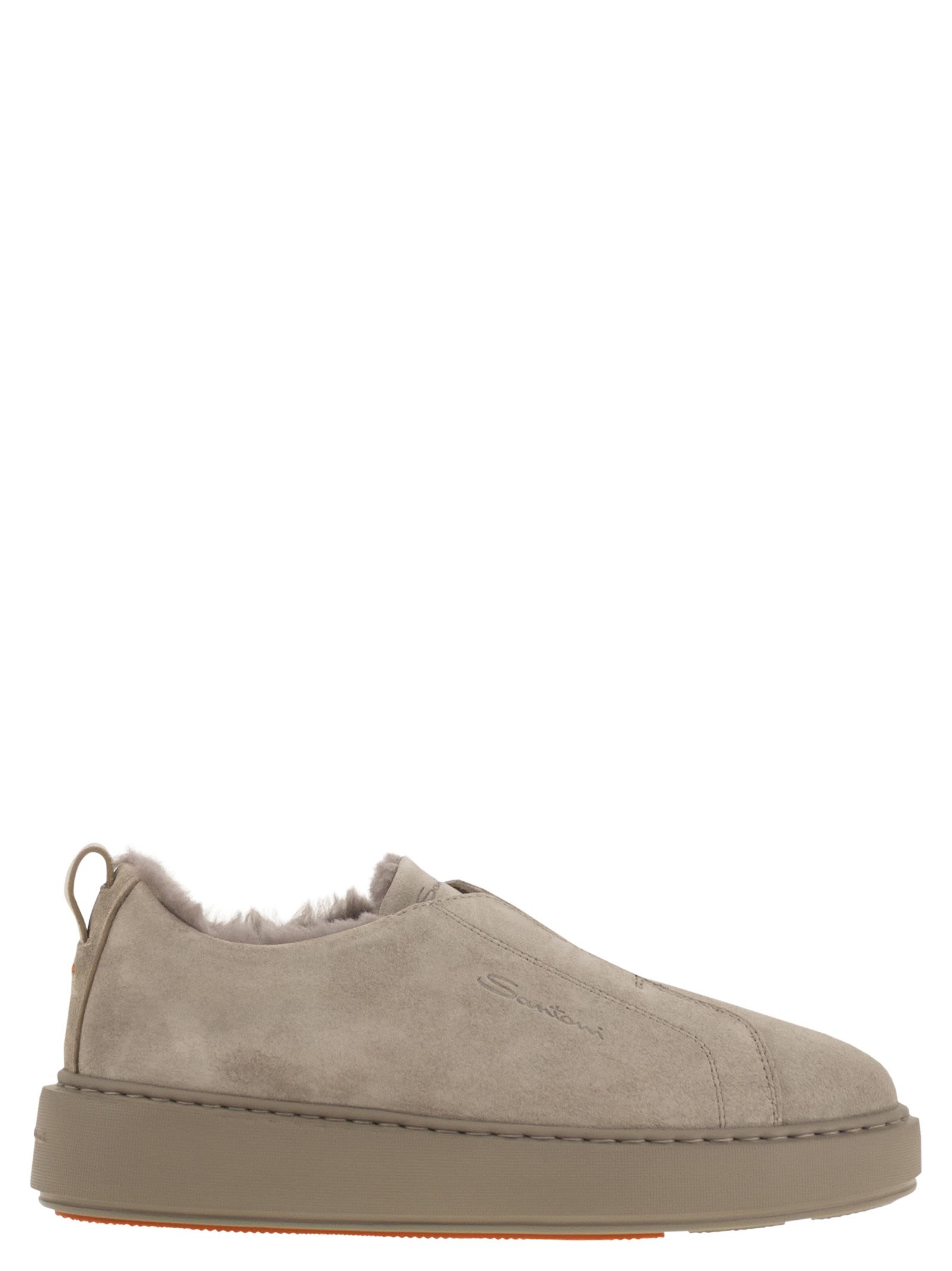Santoni Slip-on Suede Sneakers With Fur In Gray